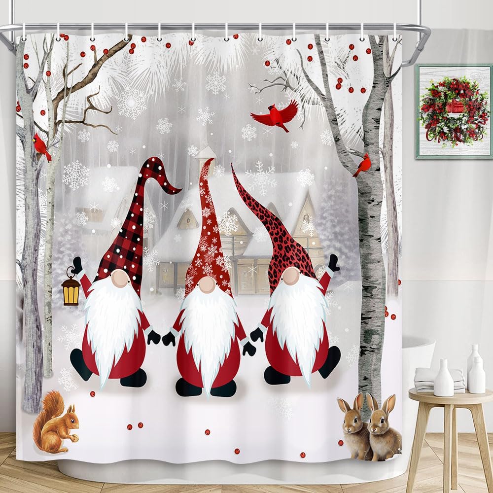 Dongbei Cortina de ducha de Navidad, cortina de baño gris para vacaciones de invierno, árbol de nacimiento de bosque nevado con lindo gnomo