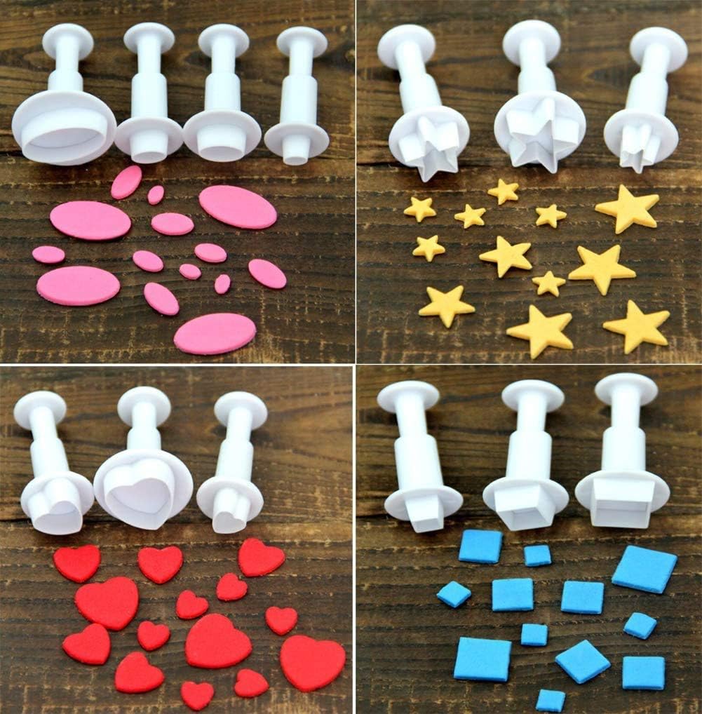 Fondant Cutter – Juego de 13 cortadores geométricos para diseño de tartas, corazón ovalado cuadrado redondo, tamaño pequeño, mediano y grande
