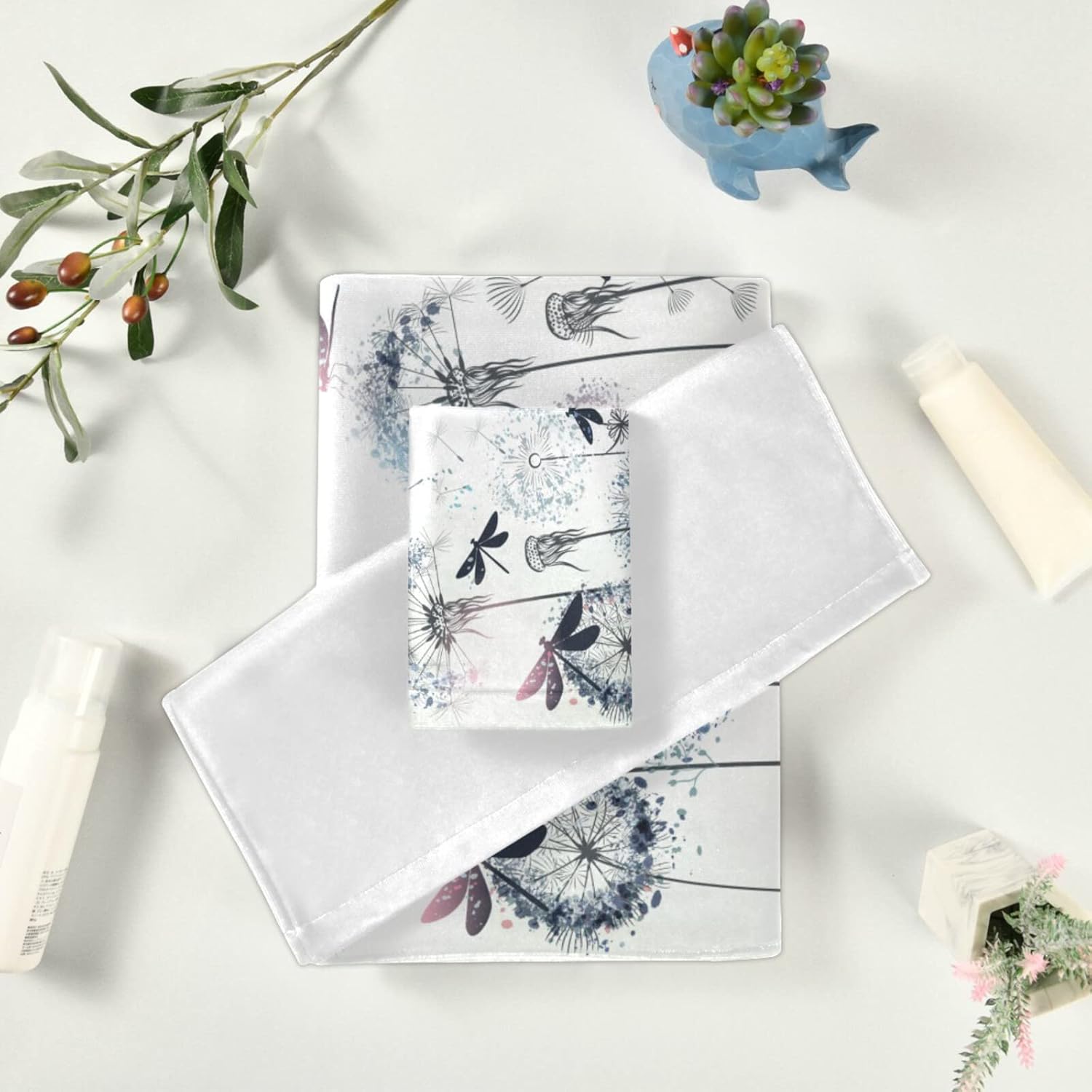 Juego de toallas de baño de libélula para baño, juego de toallas absorbentes de diente de león floral libélula decorativas para hombres y mujeres,