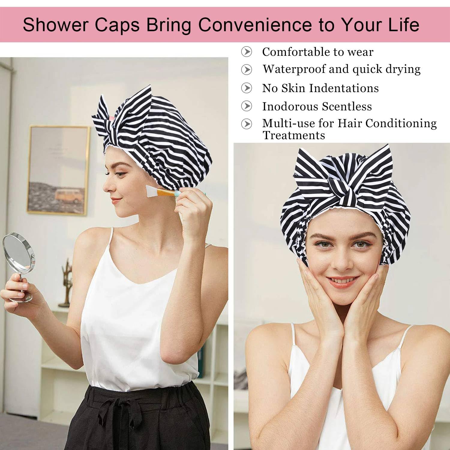 Gorro de ducha de lujo para mujer, reutilizable, impermeable, para ducha, con moño ajustable, gorro de baño (rayas negras)