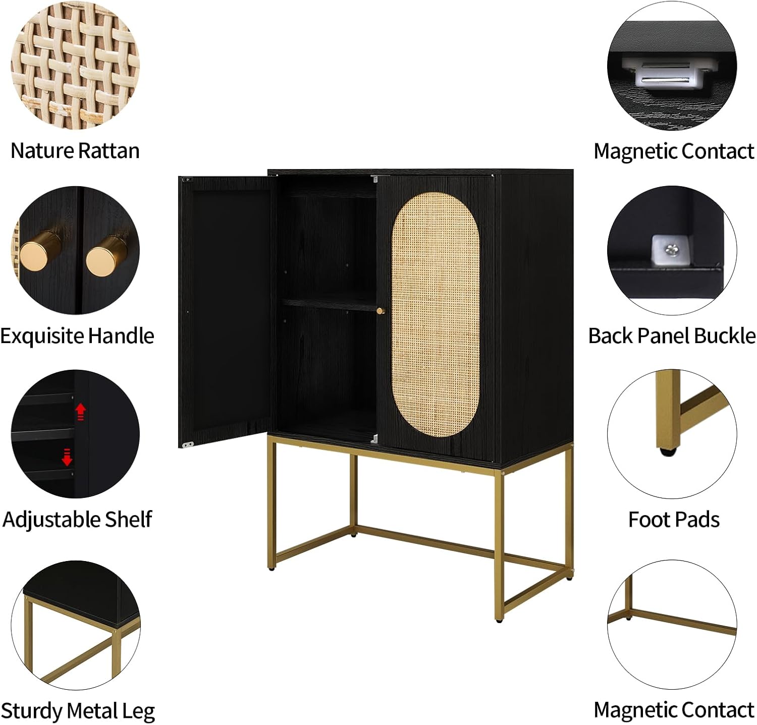 mixtavie Armario alto de ratán natural de 2 puertas, aparador de buffet con 1 estantes ajustables, armario de madera independiente para sala de