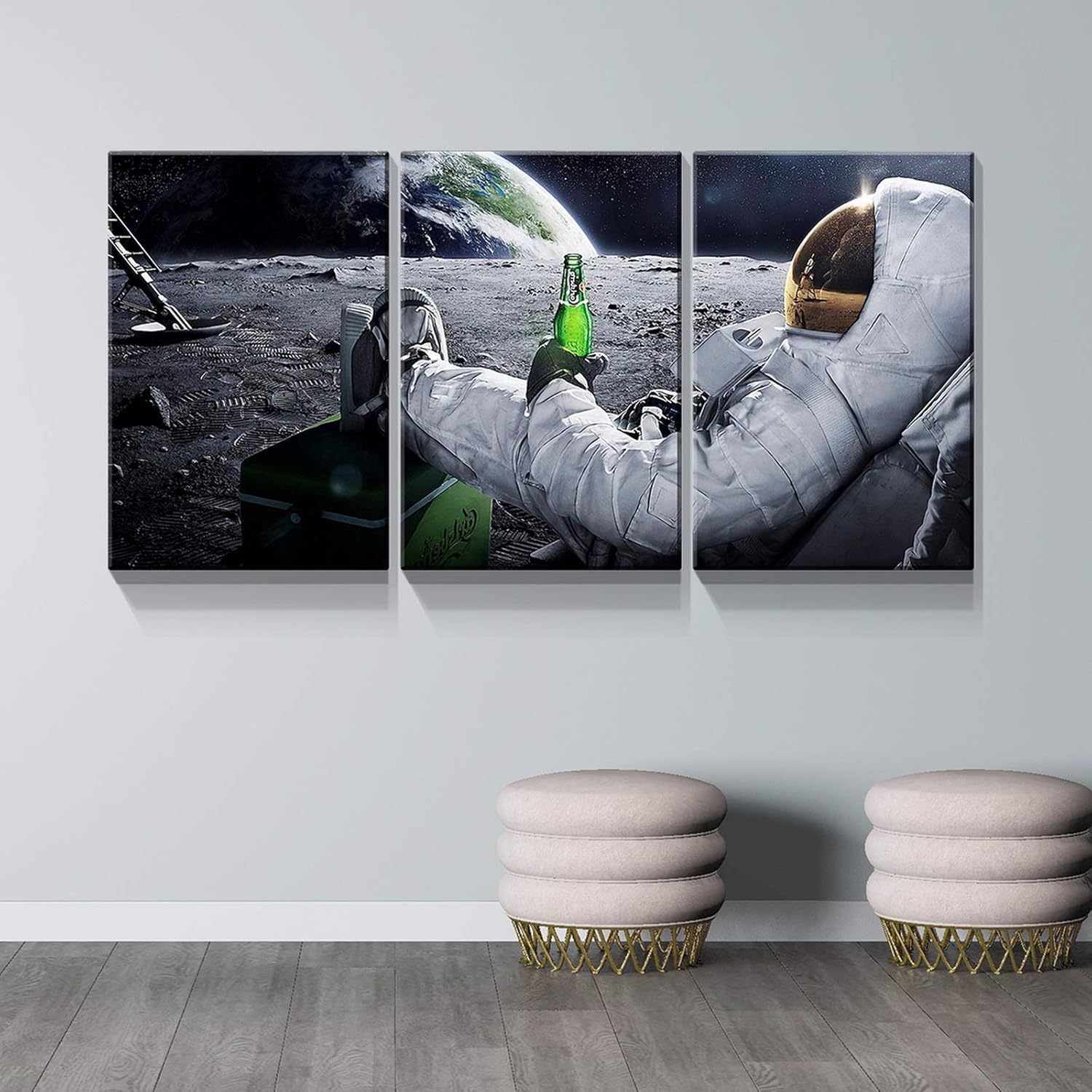 Denozer – Lienzo decorativo para pared de 3 piezas – Astronauta bebe cerveza en la luna, imágenes lunares abstractas, decoración del hogar,