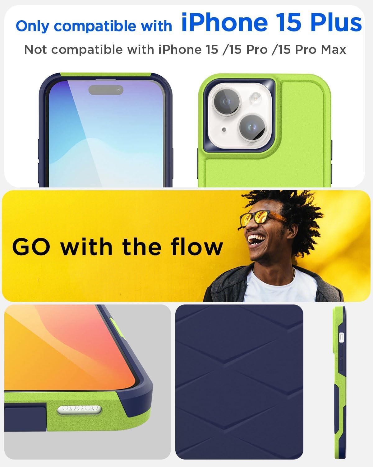 AICase Funda para iPhone 15 Plus con protector de pantalla de vidrio + lente de cámara, resistente protección contra caídas, cuerpo completo,
