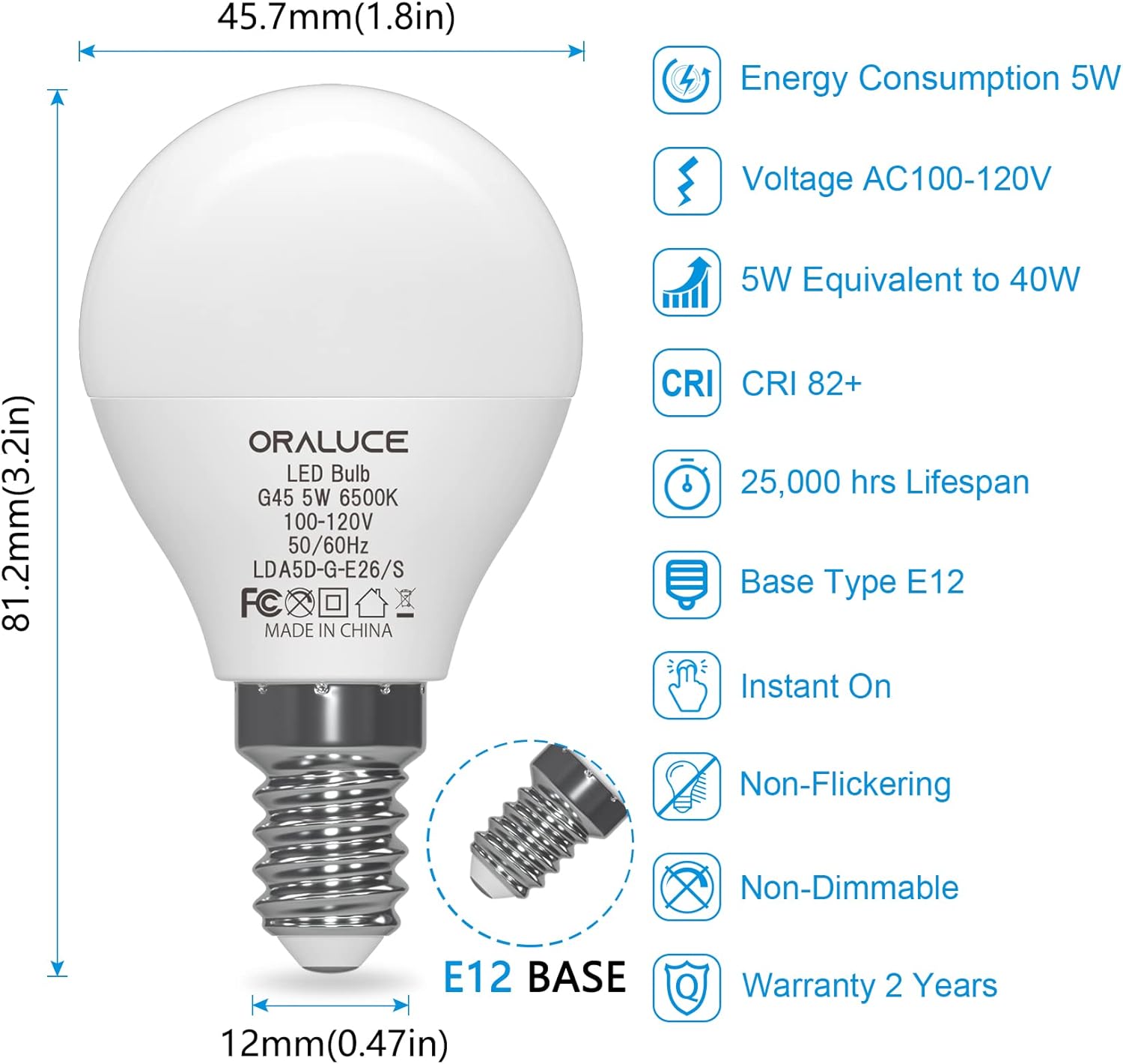 ORALUCE Paquete de bombillas de candelabro blanco frío 6500K y bombilla LED A15 blanco frío 6500K (cada paquete de 6)