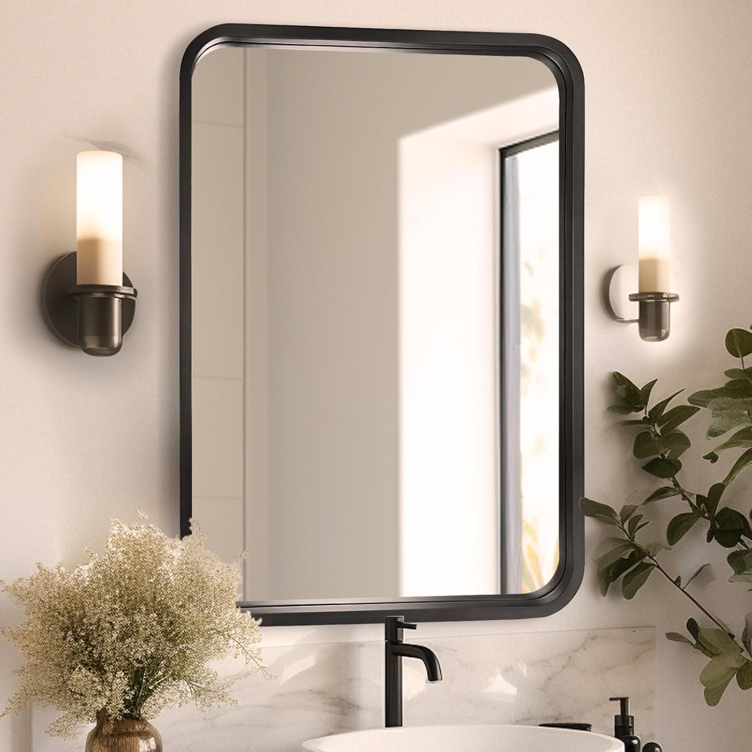 WallBeyond Espejo de madera de 24 x 36 pulgadas para baño, espejo de pared con marco de madera, espejo rectangular montado en la pared para tocador