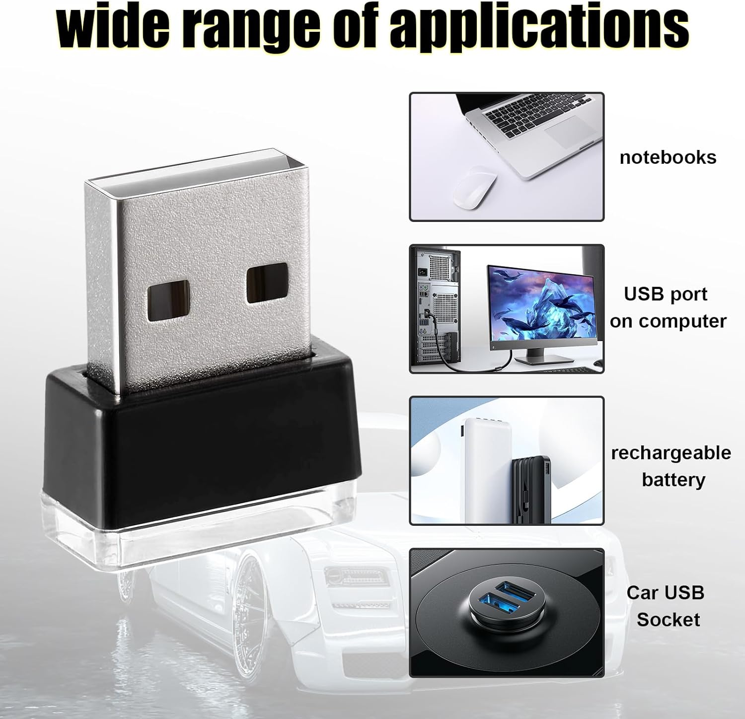 Ziciner 4 lámparas LED USB para interior del automóvil, mini luz nocturna LED portátil, kit de iluminación ambiental de interfaz USB enchufable,