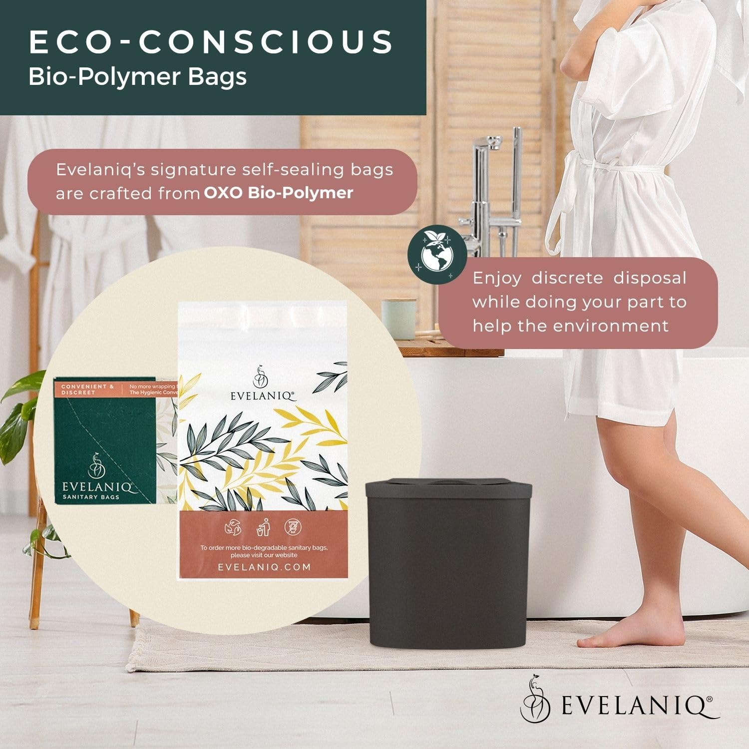 Evelaniq Receptáculo de servilleta sanitaria para mujer (papelera + 150 bolsas de higiene) Almohadilla femenina y Tampón Receptáculo de eliminación