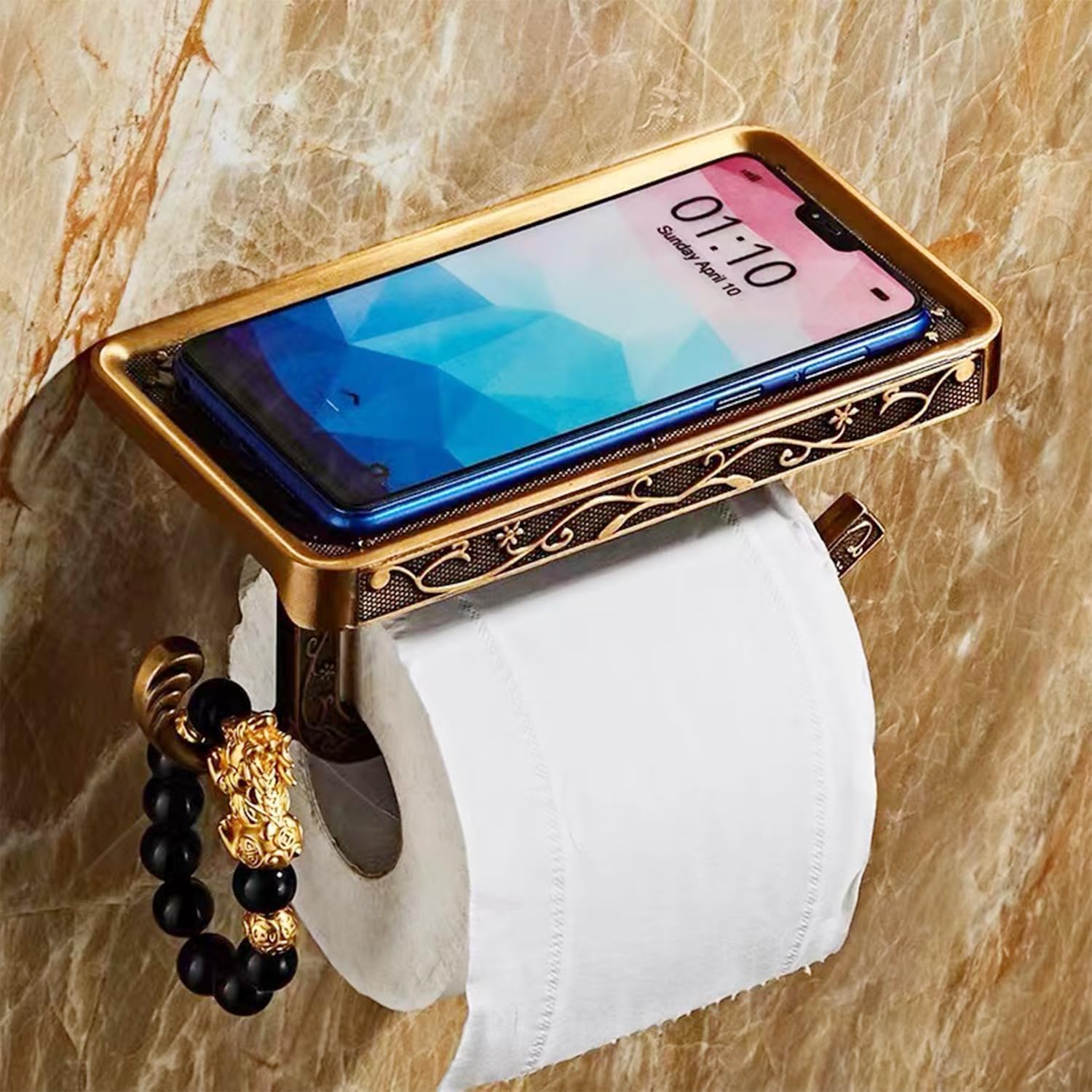 Soporte de pared para papel higiénico, soporte de papel higiénico retro con estante para teléfono, soporte de rollo de papel de aluminio con gancho