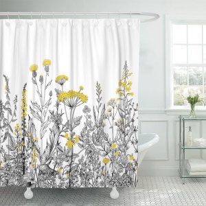Emvency Cortina de ducha floral amarilla, borde gris, blanco, hierbas y flores silvestres, grabado botánico, vintage, tela de poliéster impermeable, Emvency Cortina de ducha floral amarilla, borde gris, blanco, hierbas y flores silvestres, grabado botánico, vintage, tela de poliéster impermeable,