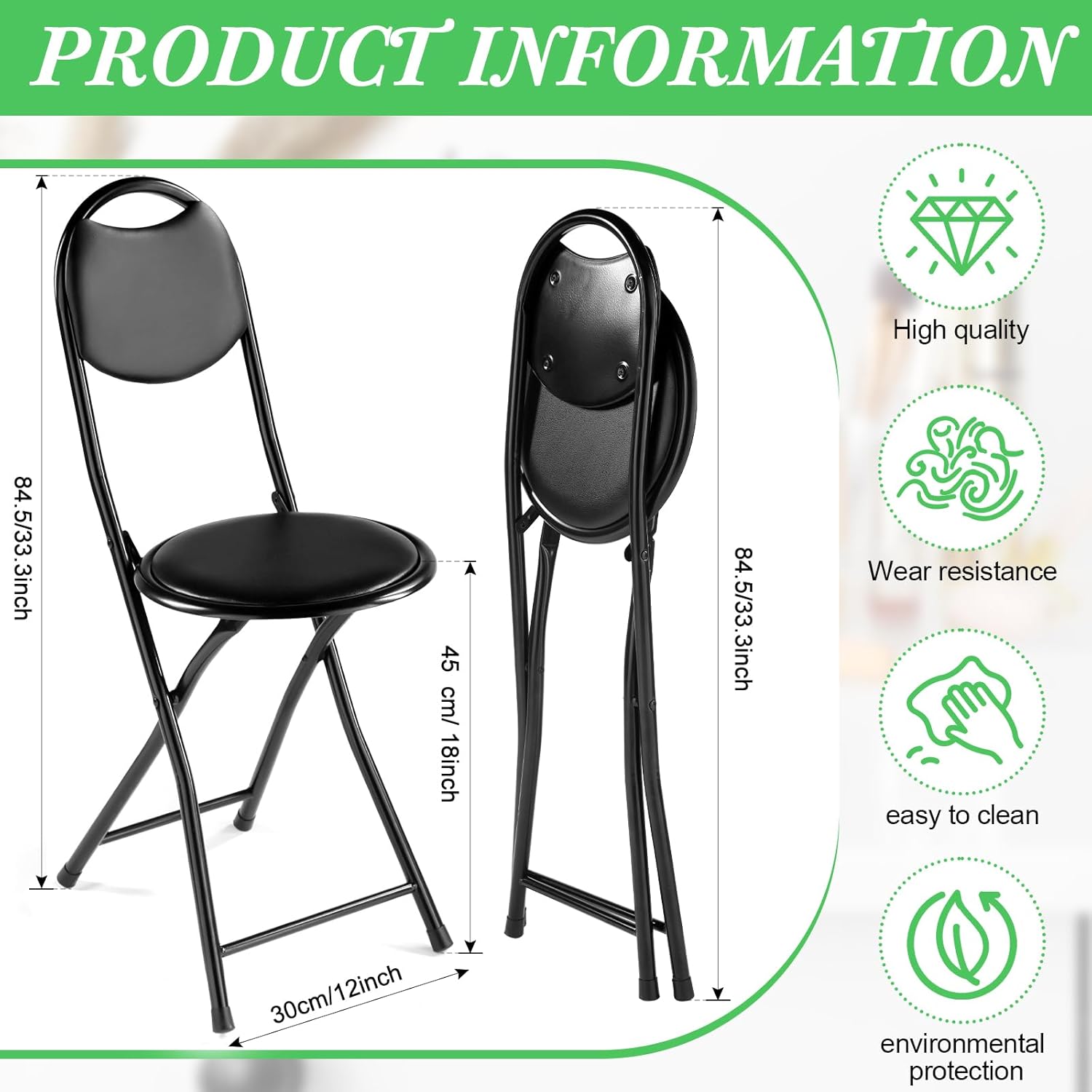 Taburete de bar plegable de 12 pulgadas, acolchado y acolchado, con parte trasera, sillas plegables de altura de mostrador portátil, silla plegable