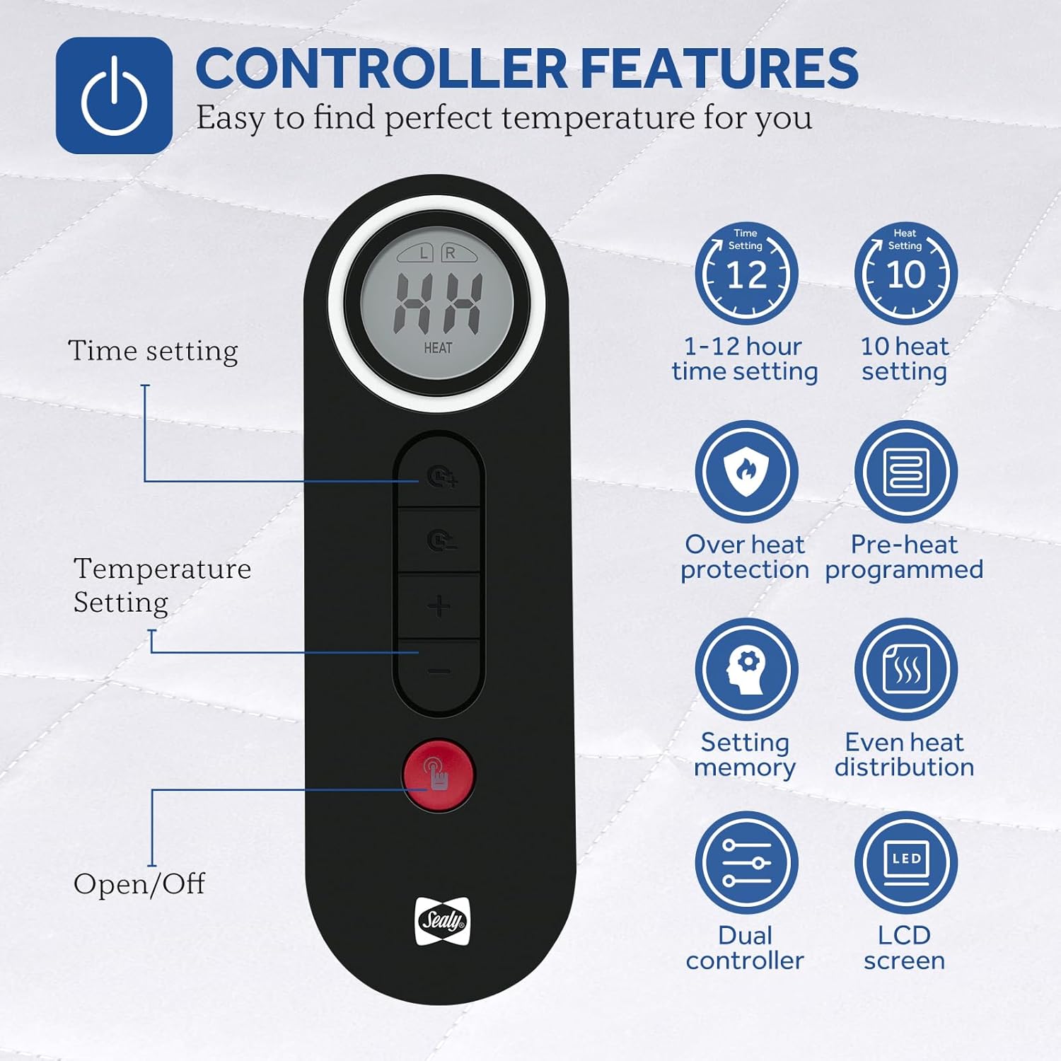 Sealy Protector de colchón térmico tamaño individual, calentador de cama eléctrico de mezcla de algodón con controlador inalámbrico de 10 ajustes de