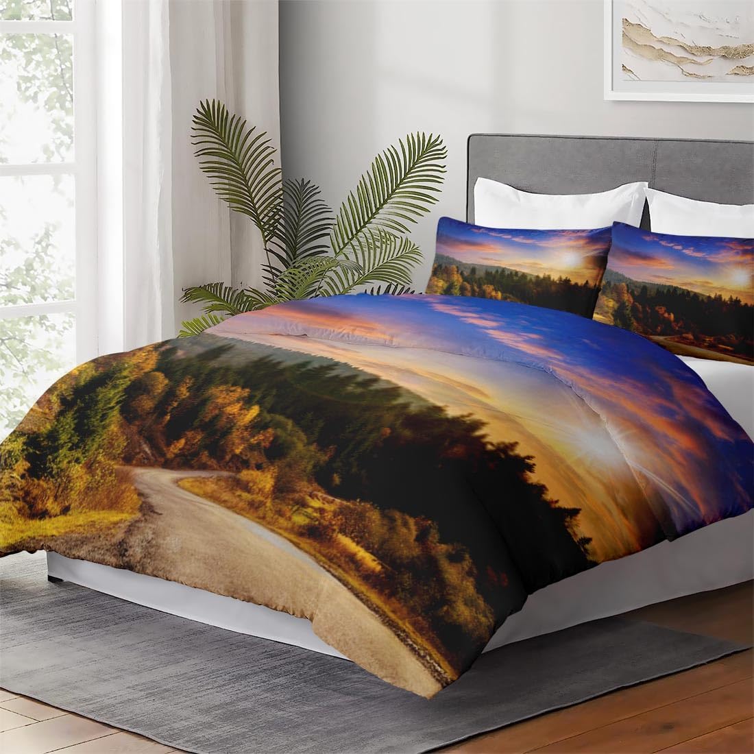 Juego de funda de edredón, juego de ropa de cama verde montaña otoñal para decoración de dormitorio de niños y adultos, juego de funda de edredón de