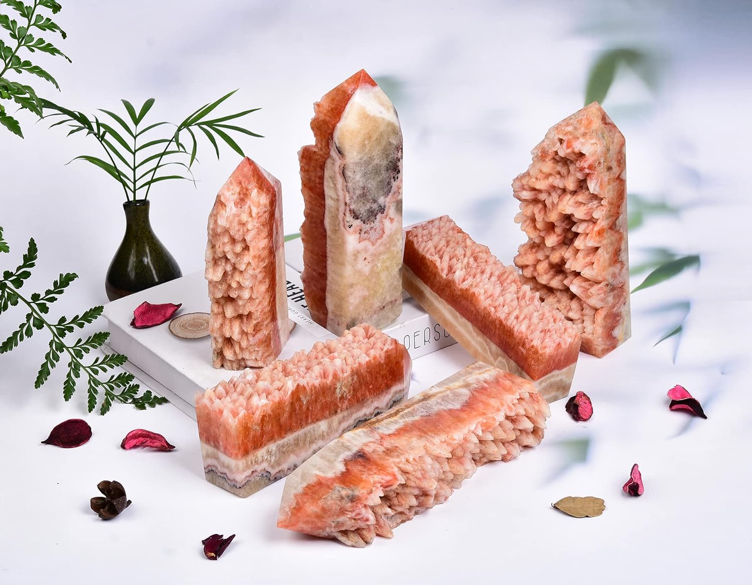 AMOYSTONE Varitas de torre de cristal curativo, geodas cuadradas de calcita naranja, obelisco en racimo para decoración del hogar, terapia de