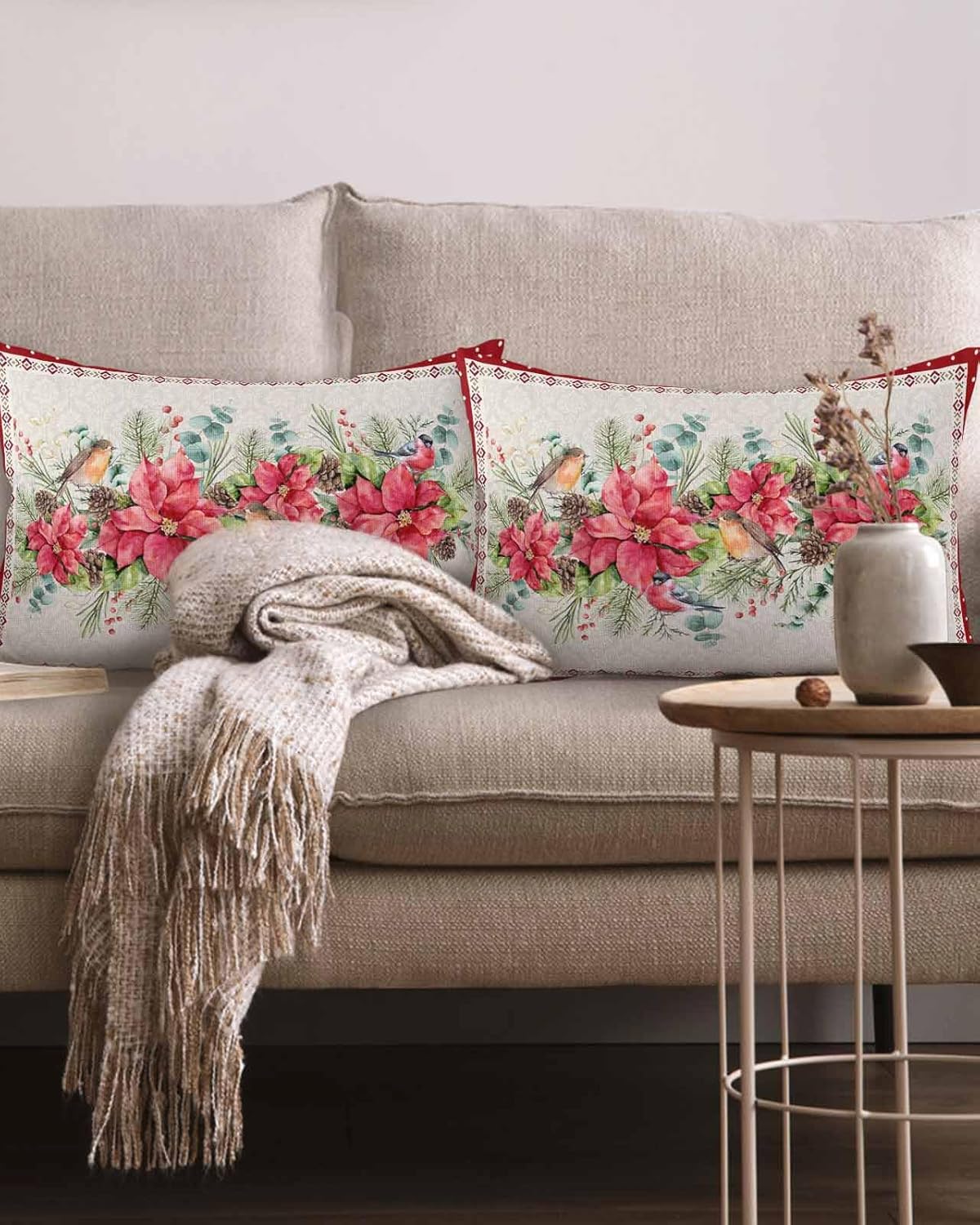 Paquete de 2 fundas de almohada decorativas de algodón, diseño de flor de pascua, baya y cardenal de Feliz Navidad, 12 x 20 pulgadas, rectangular,