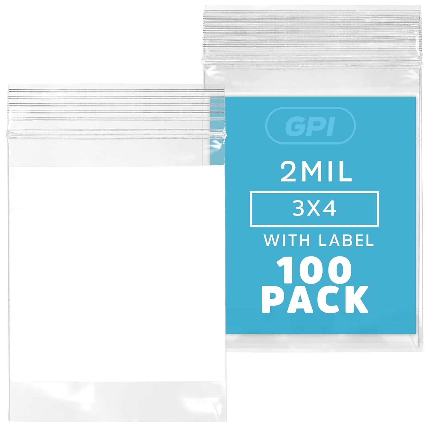 GPI Paquete de 100 bolsas de plástico transparente de 3 x 4 pulgadas con cremallera, a granel de 2 mil de grosor, fuertes y duraderas, con cierre