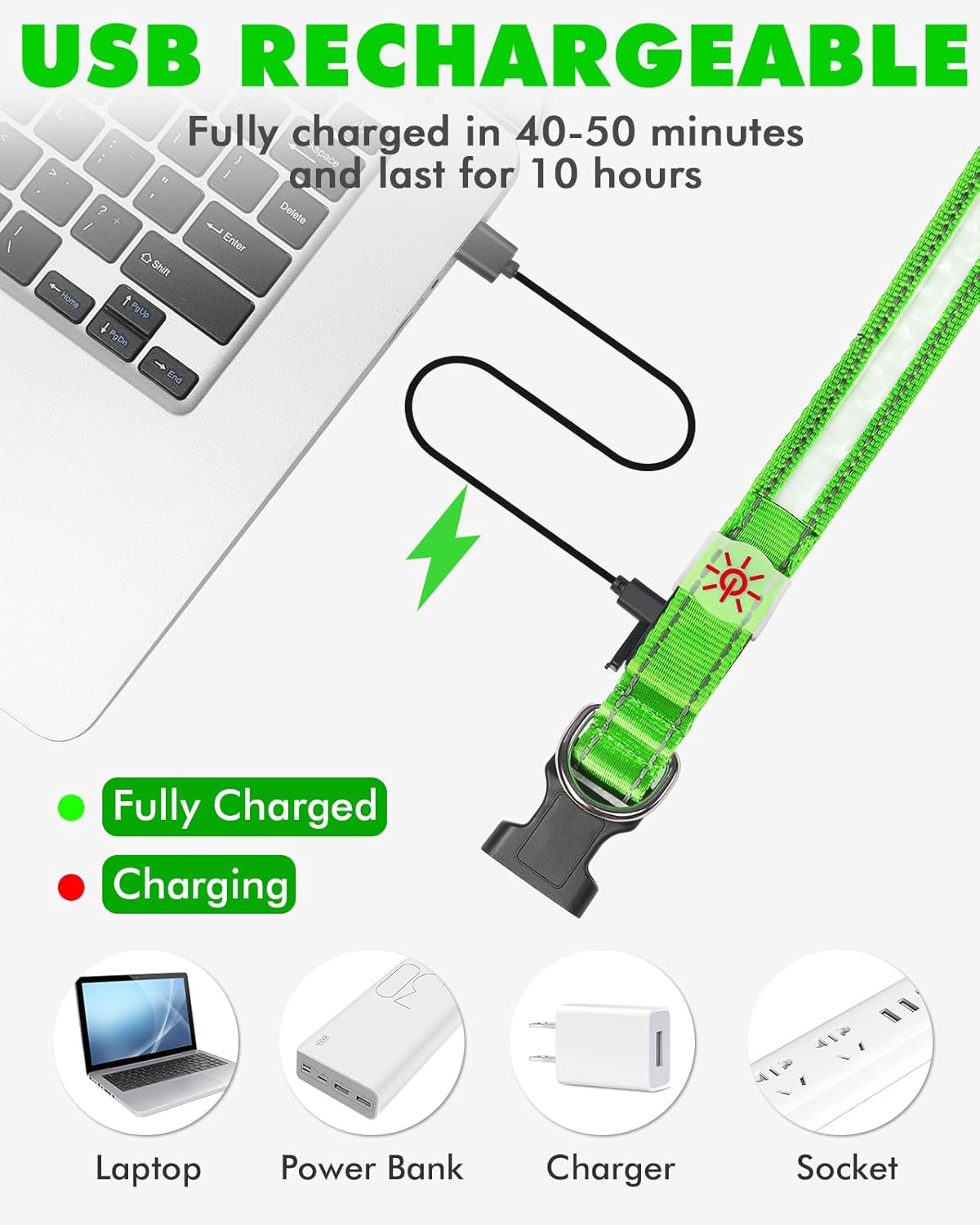 Petbank Collar de perro con luz LED, 7 colores RGB y 5 modos de luz, ajustable recargable por USB, collares de perro que brillan en la oscuridad,