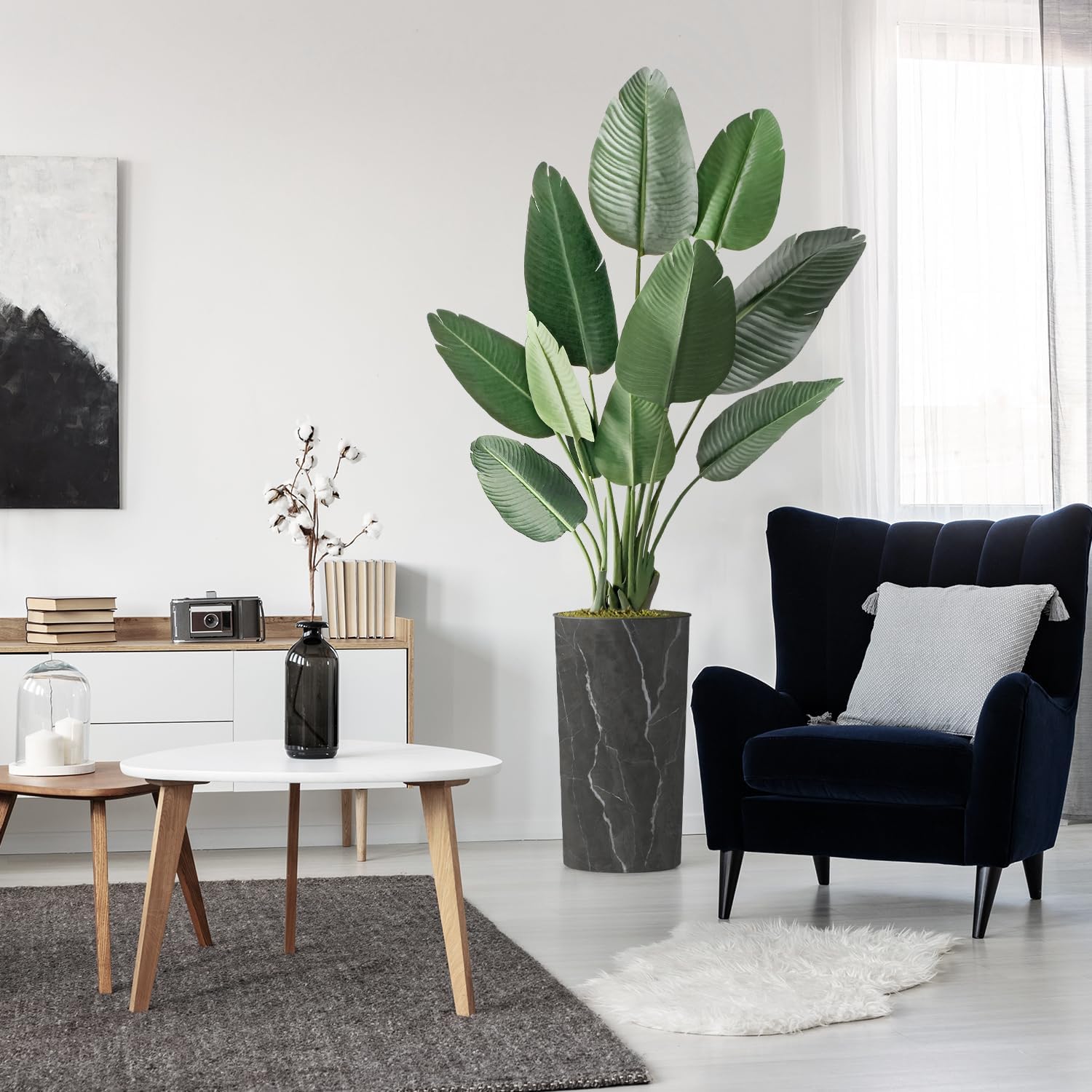 Árbol artificial en macetero con efecto de granito moderno, ave del paraíso artificial de seda para decoración del hogar en interiores y exteriores,