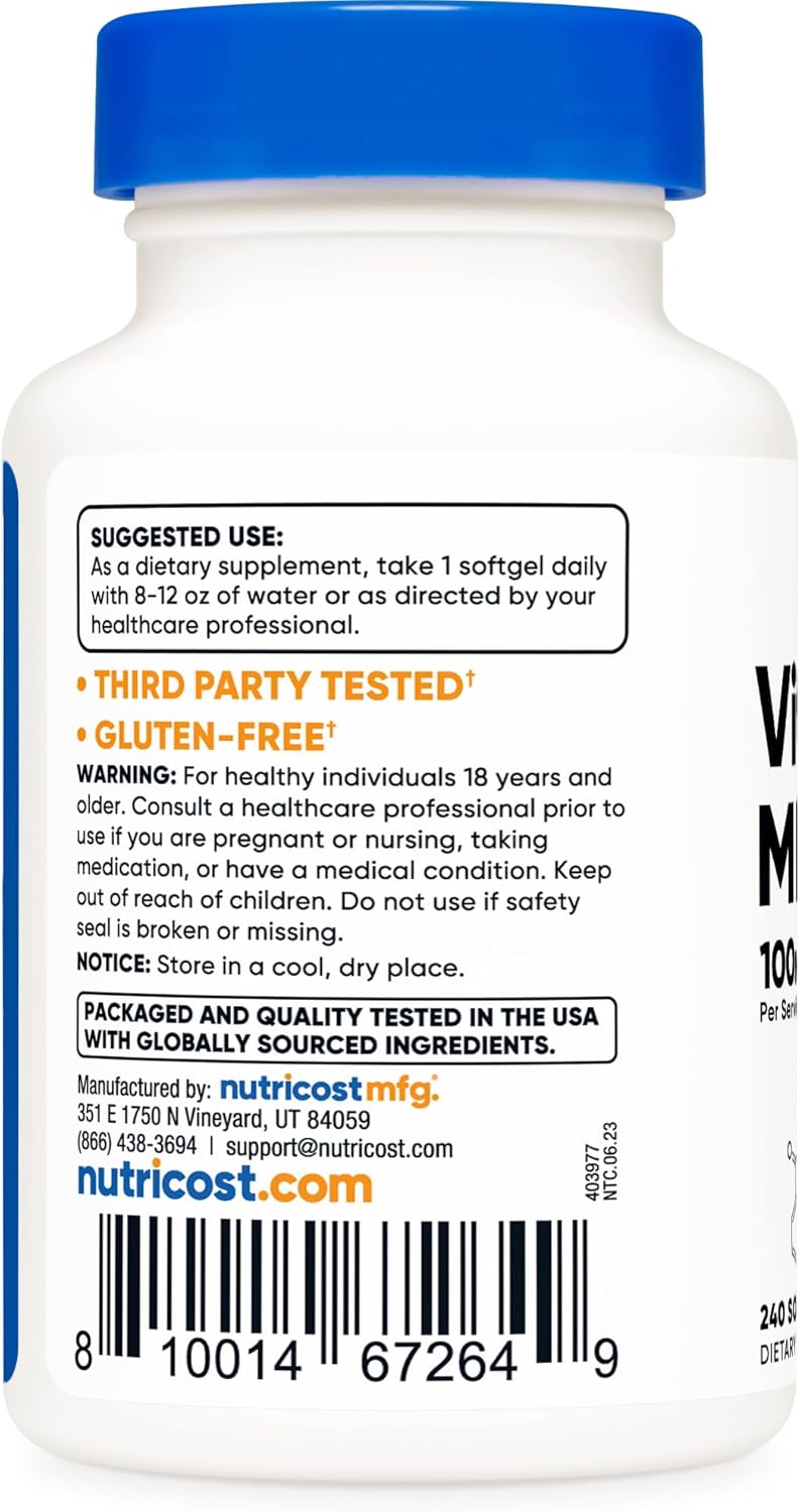Nutricost Vitamina K2 MK-7 100 mcg 240 cápsulas blandas sin gluten y sin OMG MK7 - Imagen 5