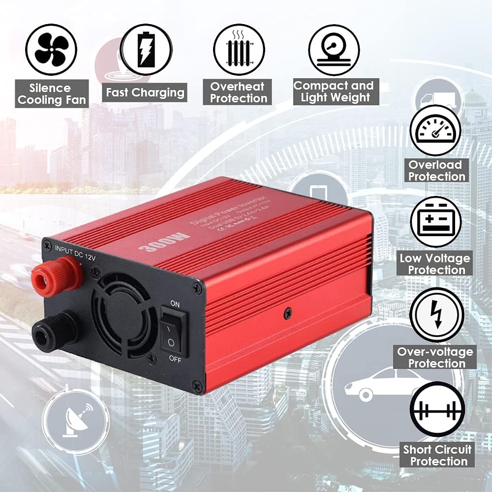 Inversor de corriente de 300 W, convertidor de potencia de automóvil de 12 V CC a 110 V CA con cargadores USB duales de 4.8 A para camping, viaje de