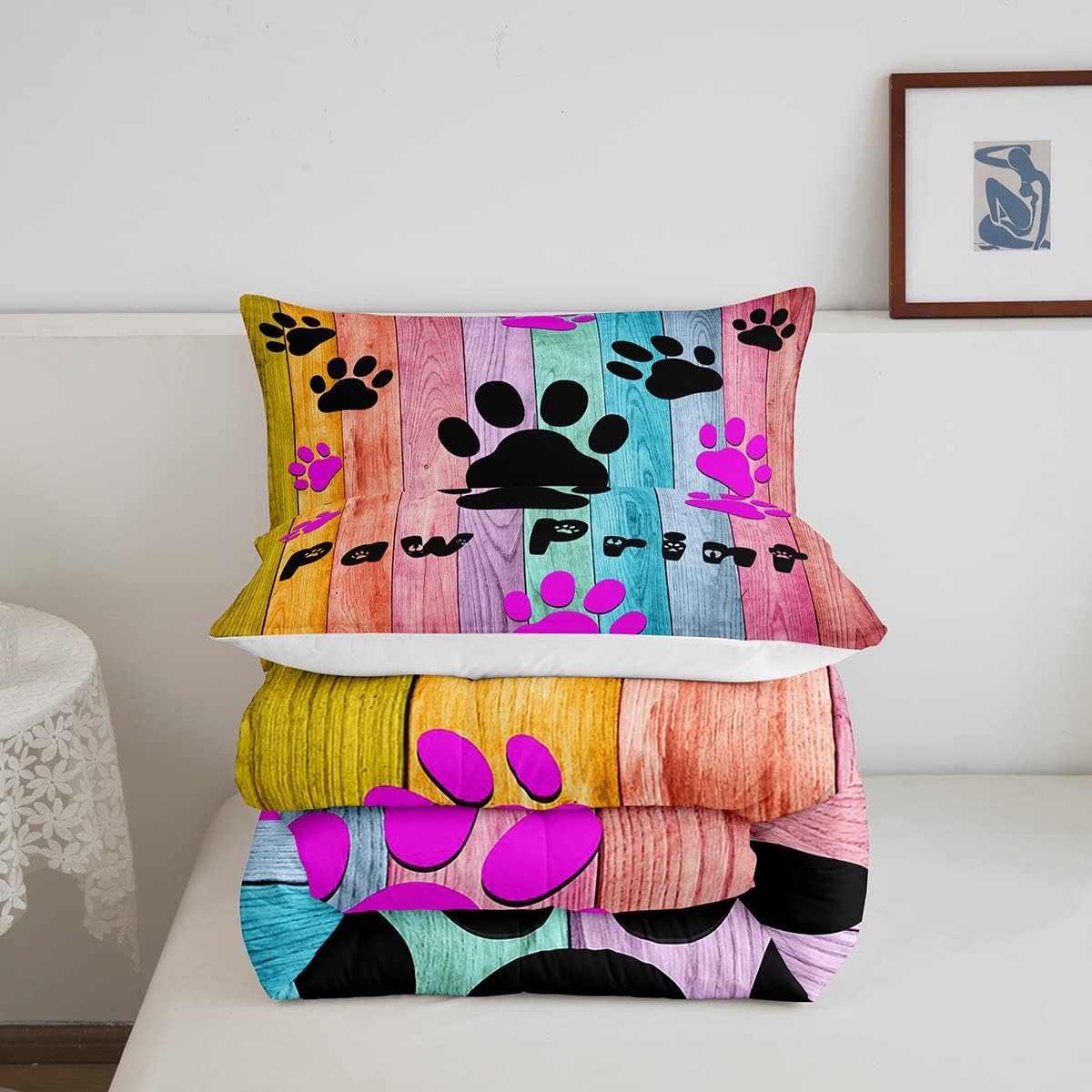 Erosebridal Juego de ropa de cama con estampado de patas, decoración colorida de patas de perro, diseño de pared de madera rústica, edredón tamaño