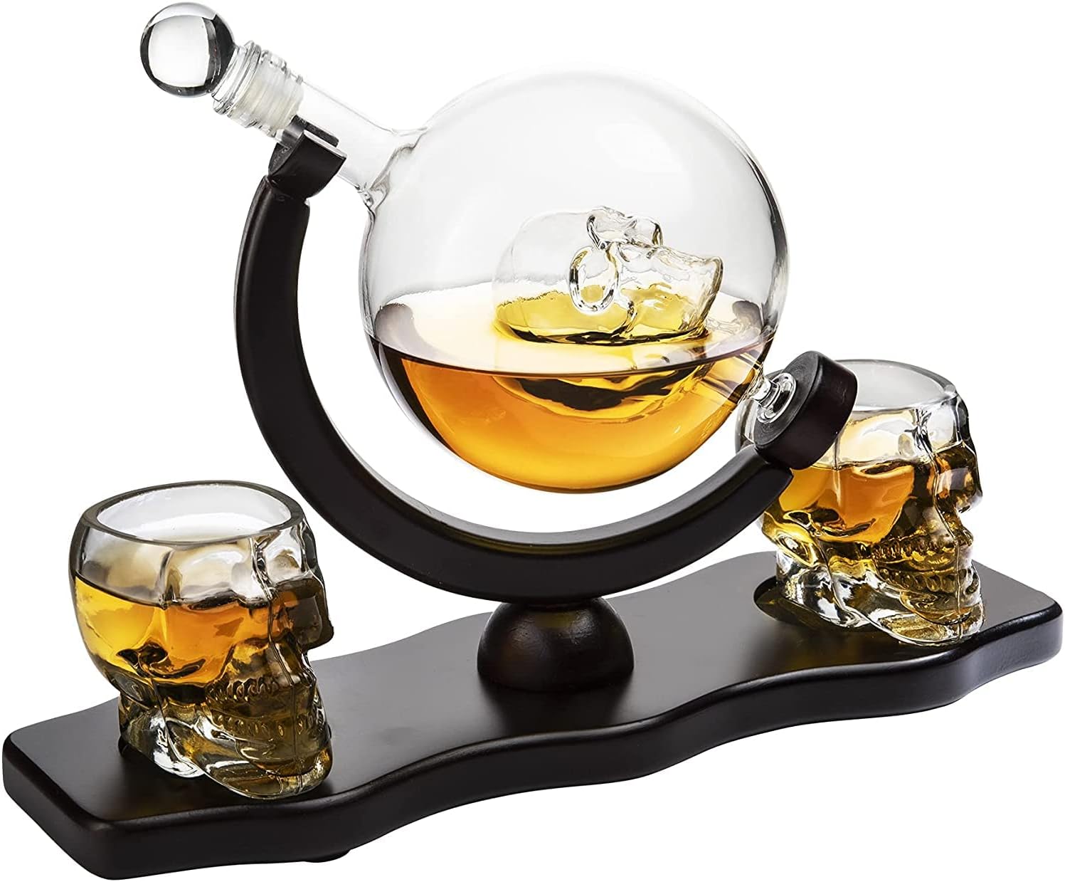 Juego de decantadores de calavera de esqueleto para vino y whisky, 28.7 fl oz con 2 vasos de chupito de esqueletos de 3 onzas con base de madera de