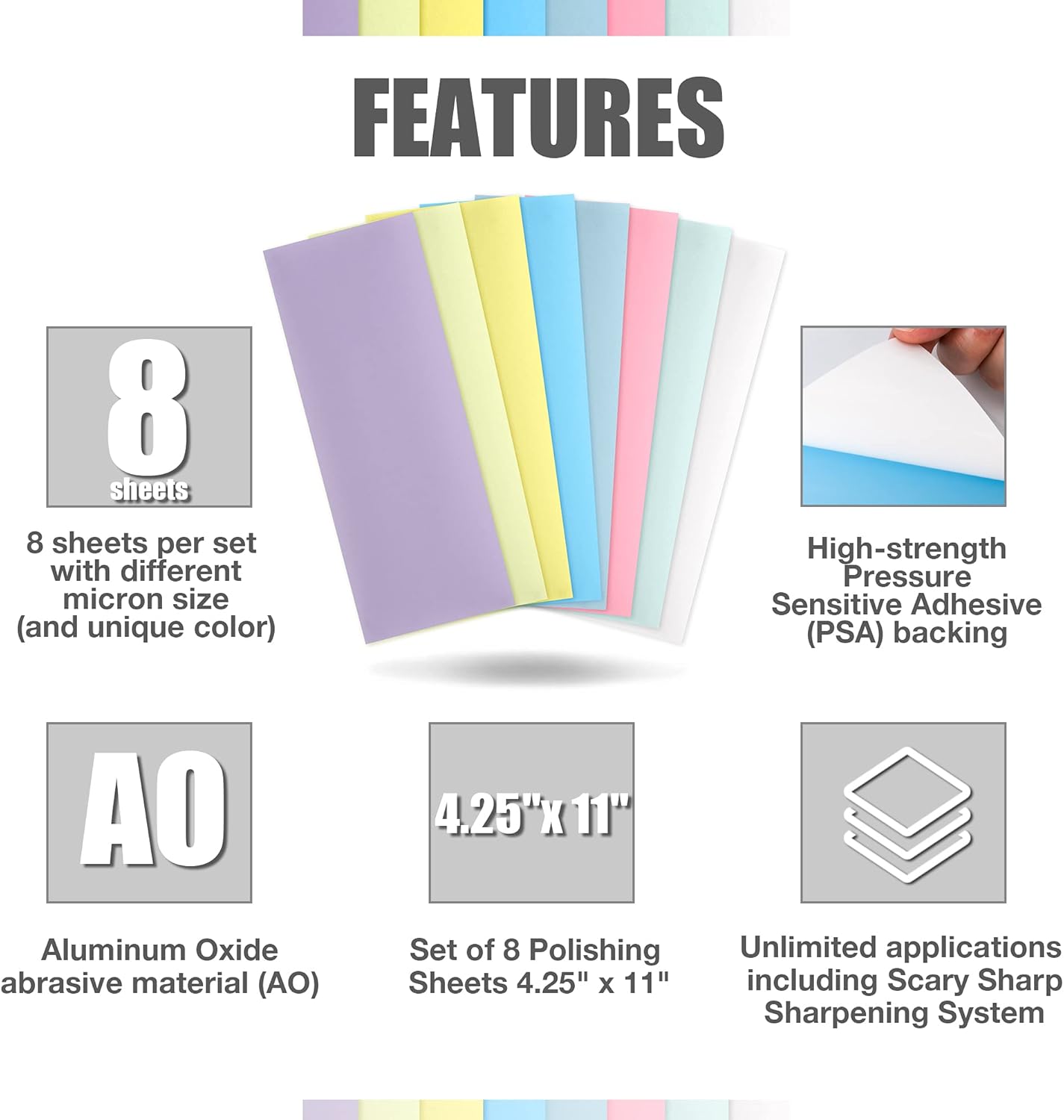 Película de microacabado con PSA – Juego de 8 hojas de pulido de 4.25 x 11 pulgadas para sistema de afilado afilado aterrador – Óxido de aluminio AO