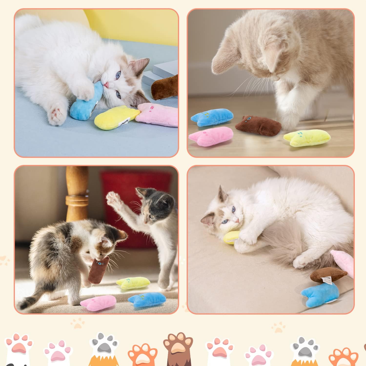 Nobleza Juguetes de gatito para gatos de interior, paquete de 4 juguetes masticables para dentición de gatos con papel arrugado, juguete interactivo