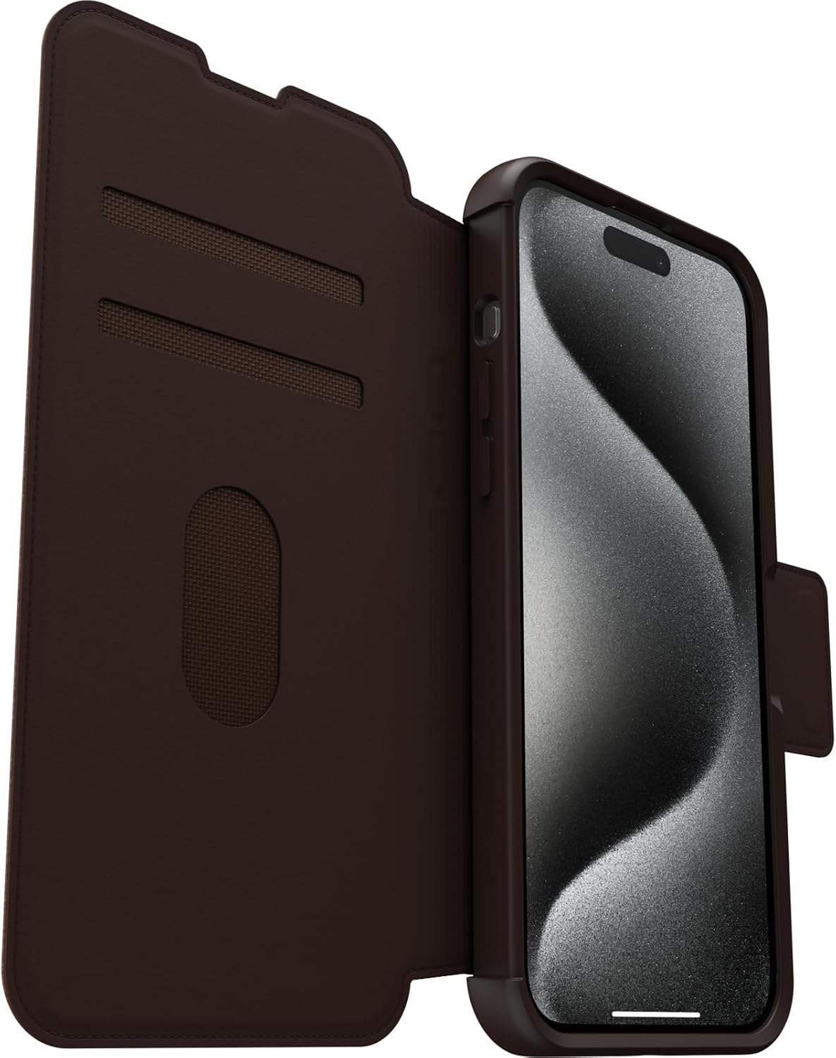 OtterBox Funda Strada Folio Series para iPhone 15 Pro MAX (solamente) – ESPRESSO (marrón), tarjetero, broches a presión a MagSafe, piel auténtica,