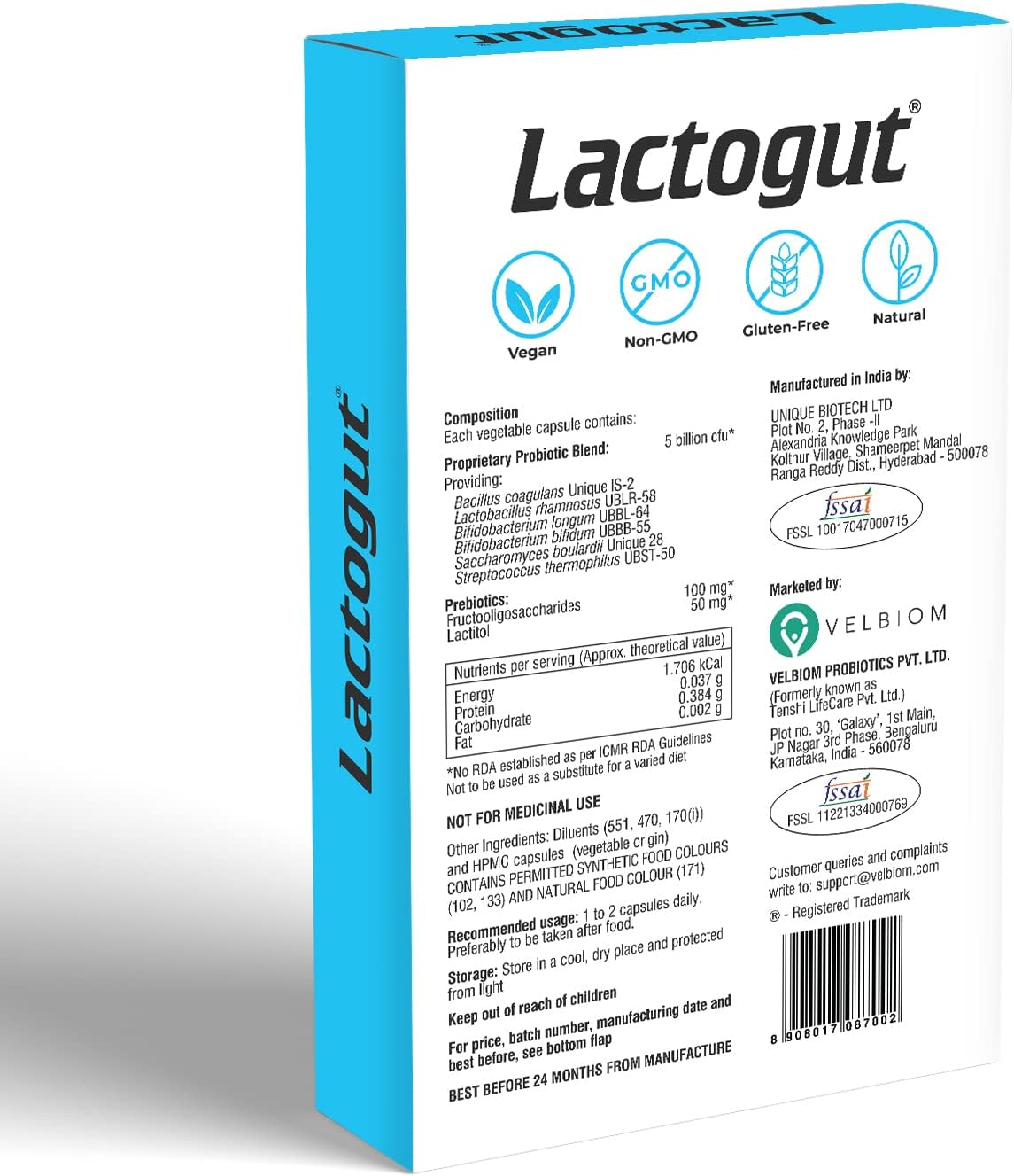 VELBIOM Lactogut Probiotics Suplemento para la inmunidad y la salud digestiva, la salud intestinal multicepa y fórmula preprobiótica específica del