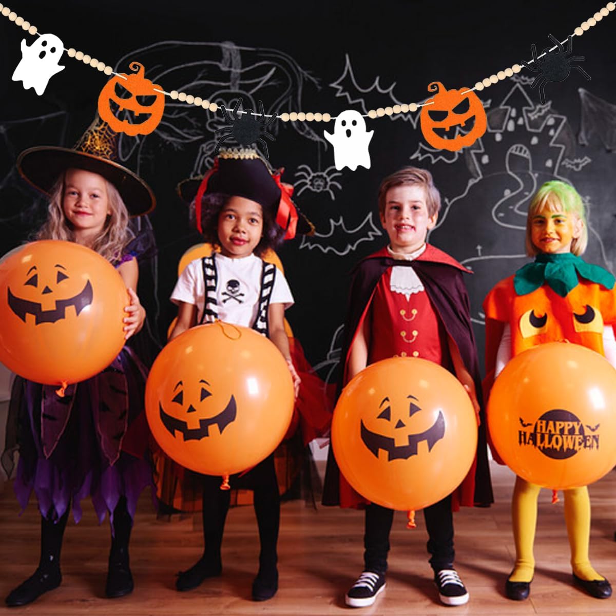 Decoraciones de Halloween Garlan de fieltro para interiores y exteriores, guirnalda de cuentas de madera de araña fantasma de fieltro para