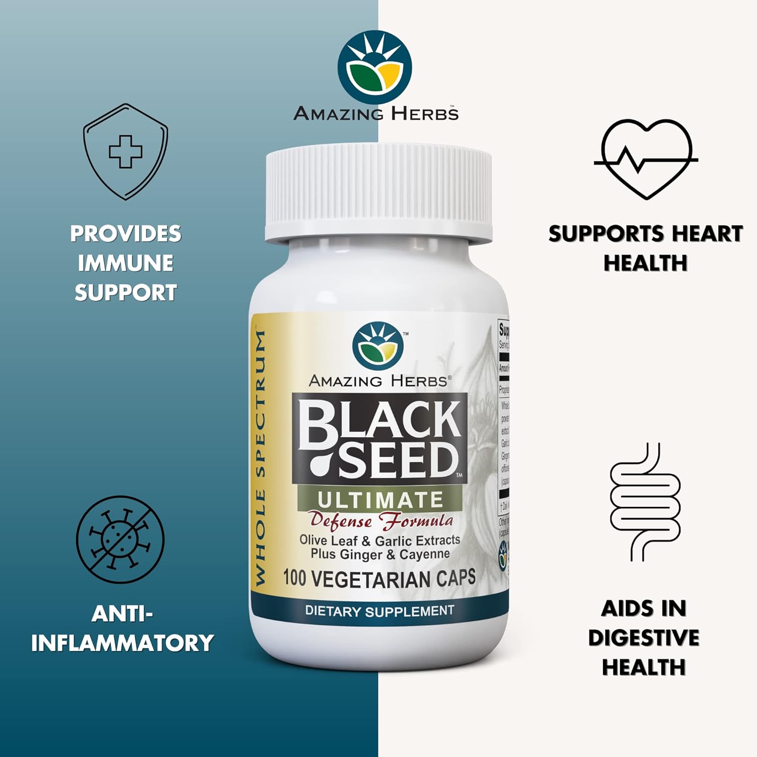 Amazing Herbs Whole Spectrum Black Seed Ultimate, Cápsulas vegetarianas  Extractos de hoja de olivo y ajo más jengibre y cayena, sin gluten, sin