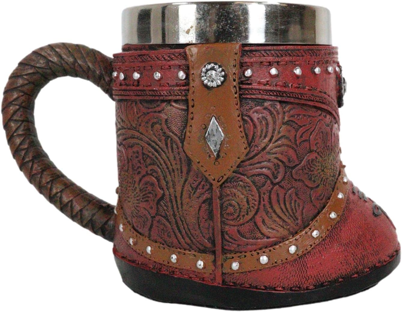 Ebros Gift Bota rústica de vaquera occidental con taza de café con estrella solitaria en piel sintética con acabado floral de desplazamiento floral