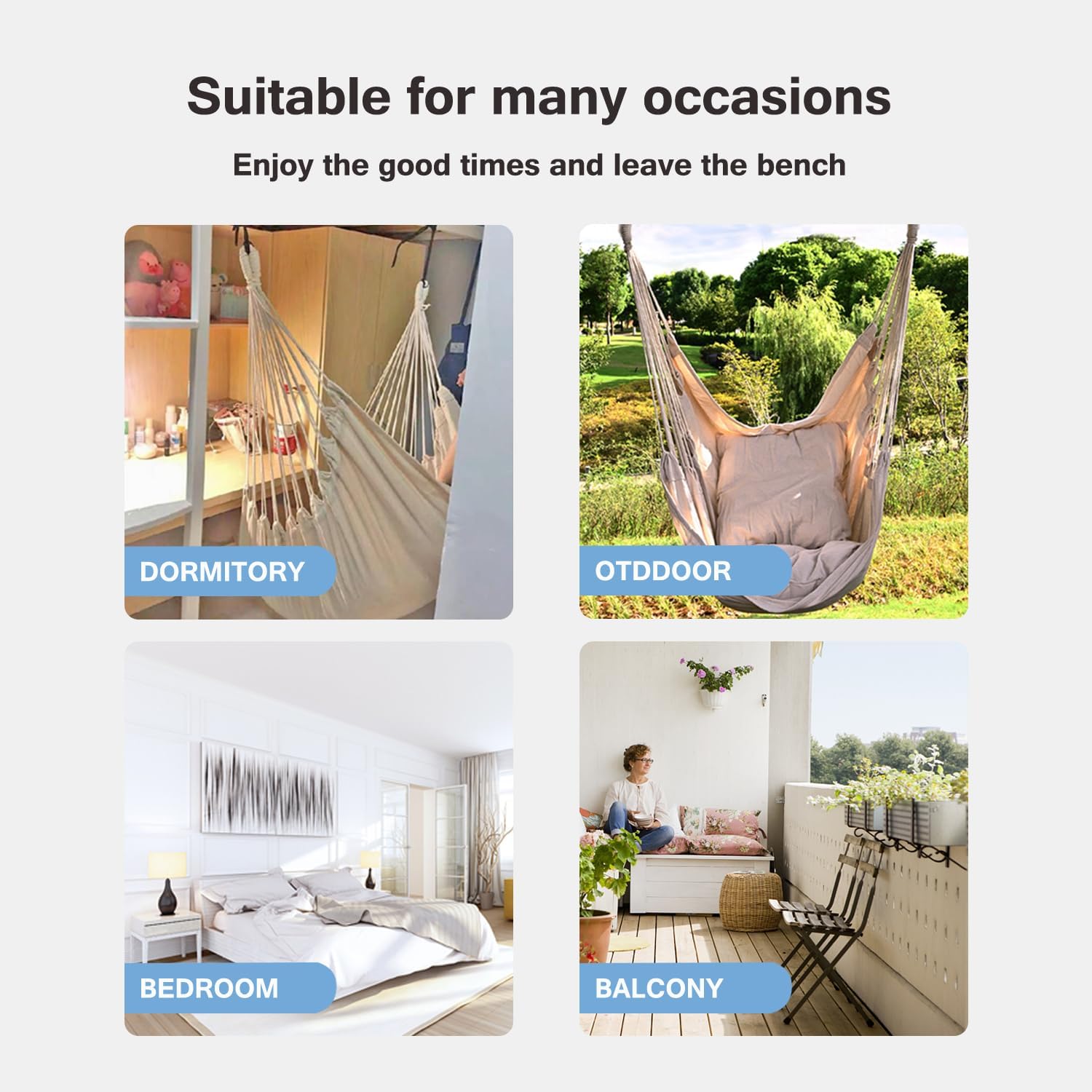 Silla hamaca colgante con cuerda, máximo 300 libras silla colgante con bolsillo, tejido de algodón de calidad para mayor comodidad y durabilidad,