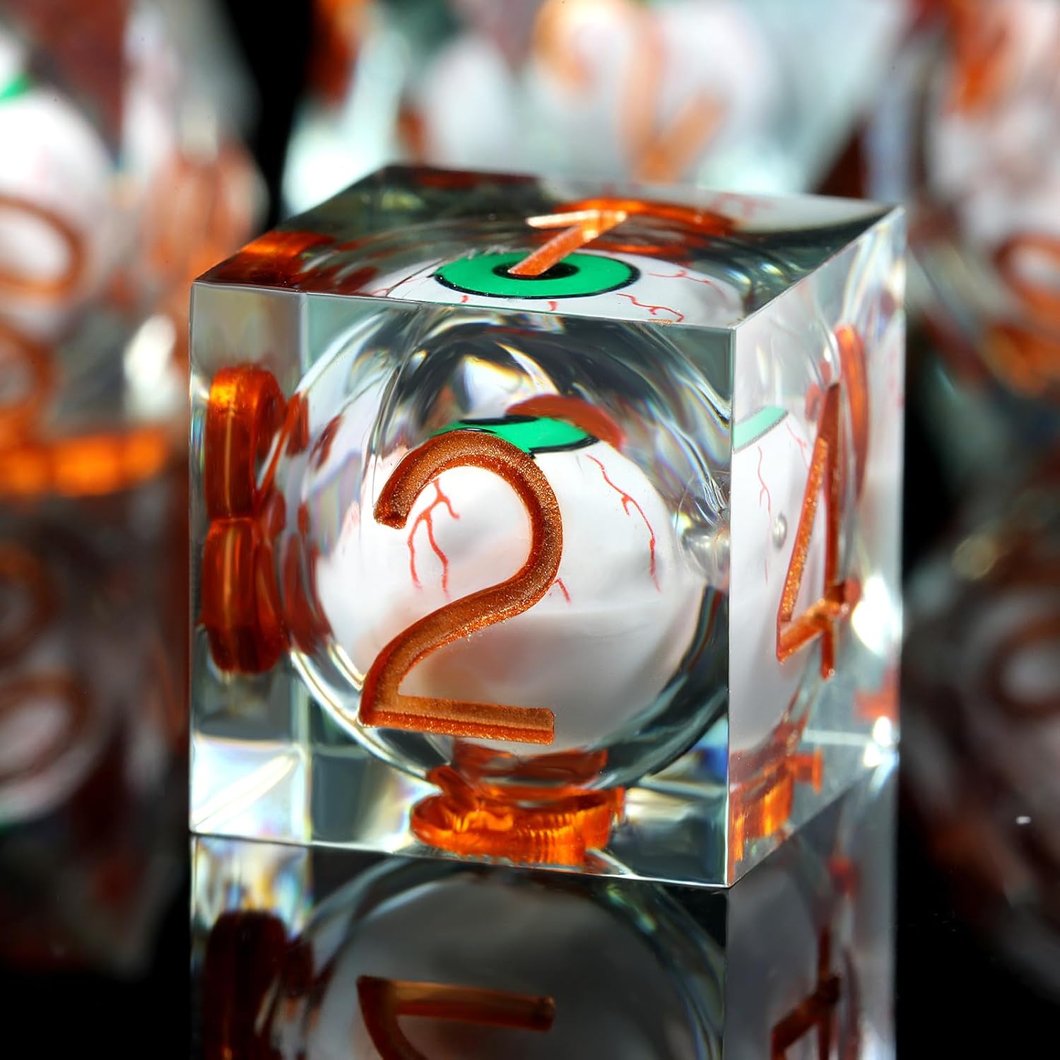 DNDND Dados DND de resina líquida con borde afilado y estuche de regalo para juego Dungeons and Dragon D&D (verde con globo ocular)