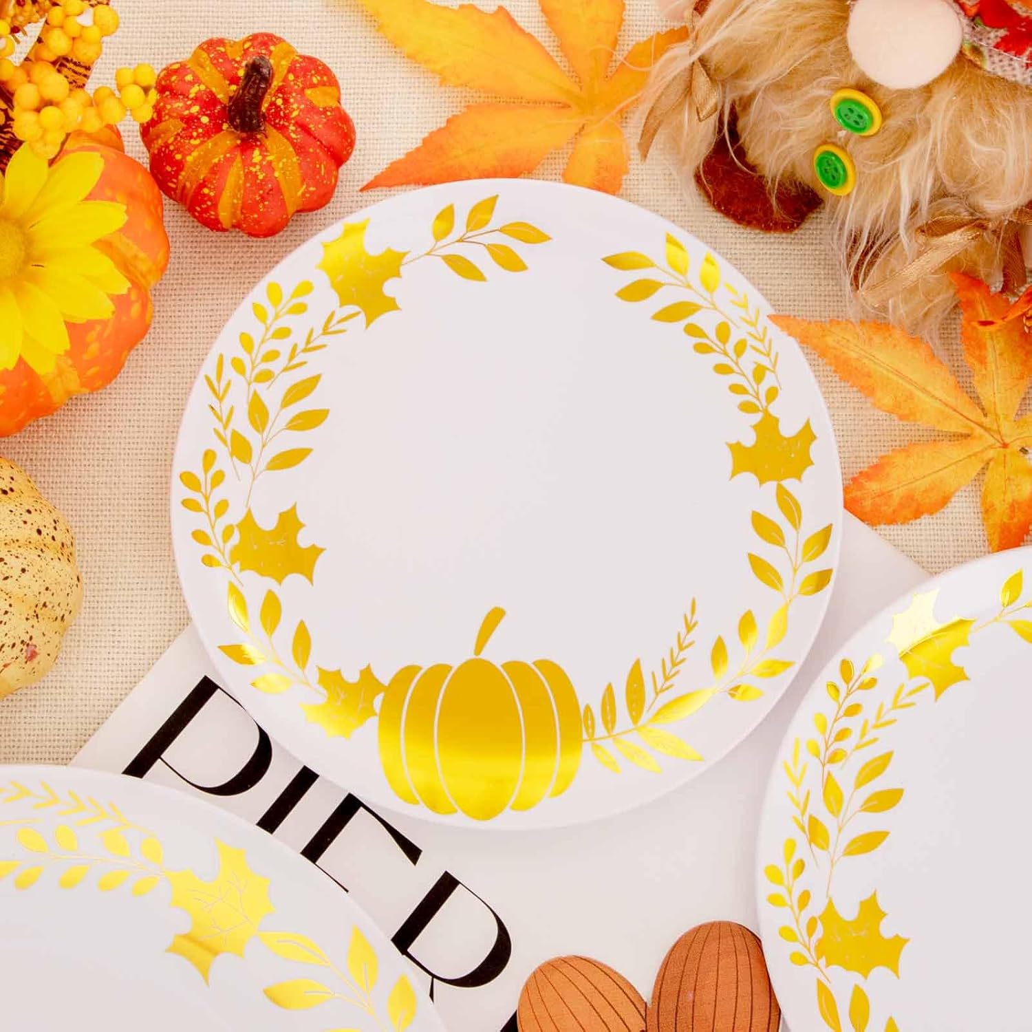 Ciaell 175 platos de plástico de Acción de Gracias  Platos de plástico desechables para otoño  Los platos de plástico blanco y dorado incluyen 50