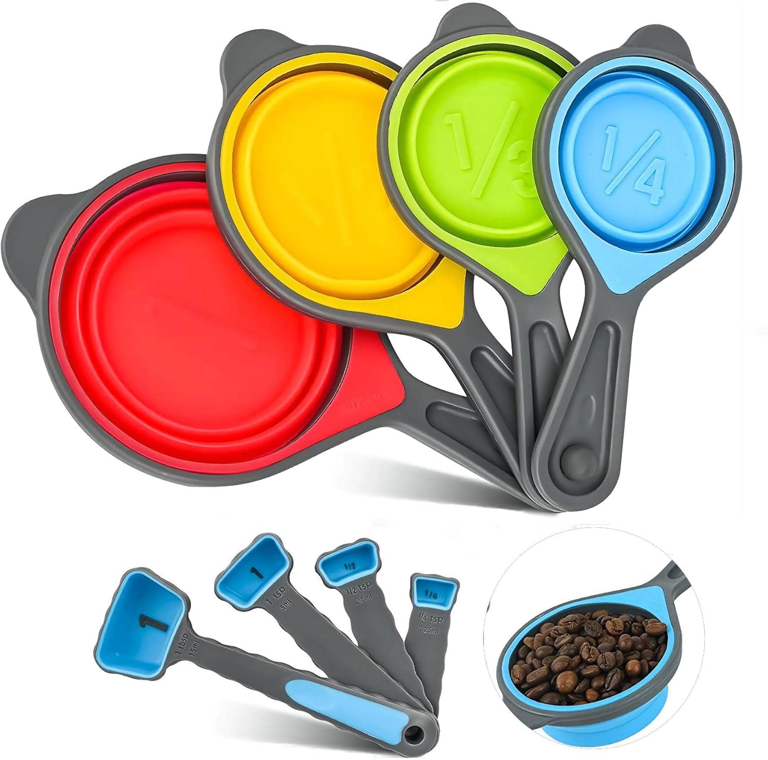 Juego de tazas y cucharas medidoras plegables, 8 tazas y cucharas medidoras de silicona portátiles para medición de líquidos y secos, juego de tazas
