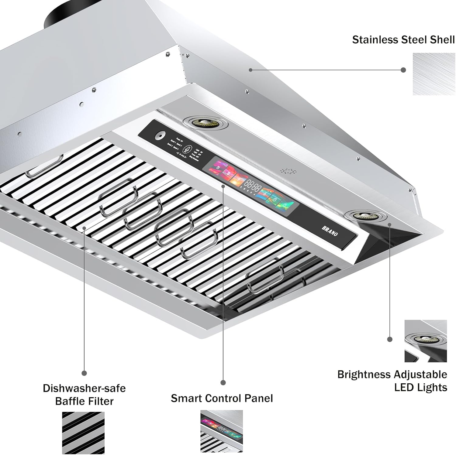 BRANO Campana extractora de 30 pulgadas con control de vozgestostáctil, ventilación de campana de cocina integrada de 900 CFM con ventilador de