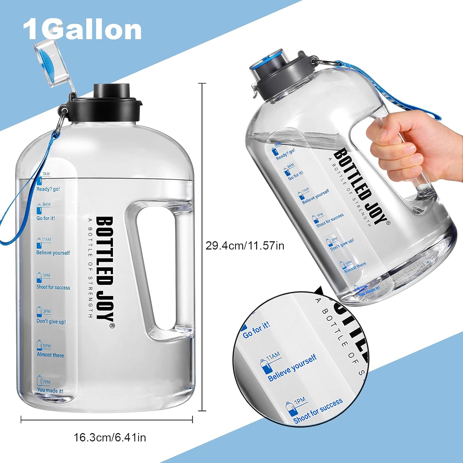 Botella de agua con marcas de tiempo, botella de agua deportiva de 1 galón con asa a prueba de fugas, reutilizable y sin BPA, tapa abatible con