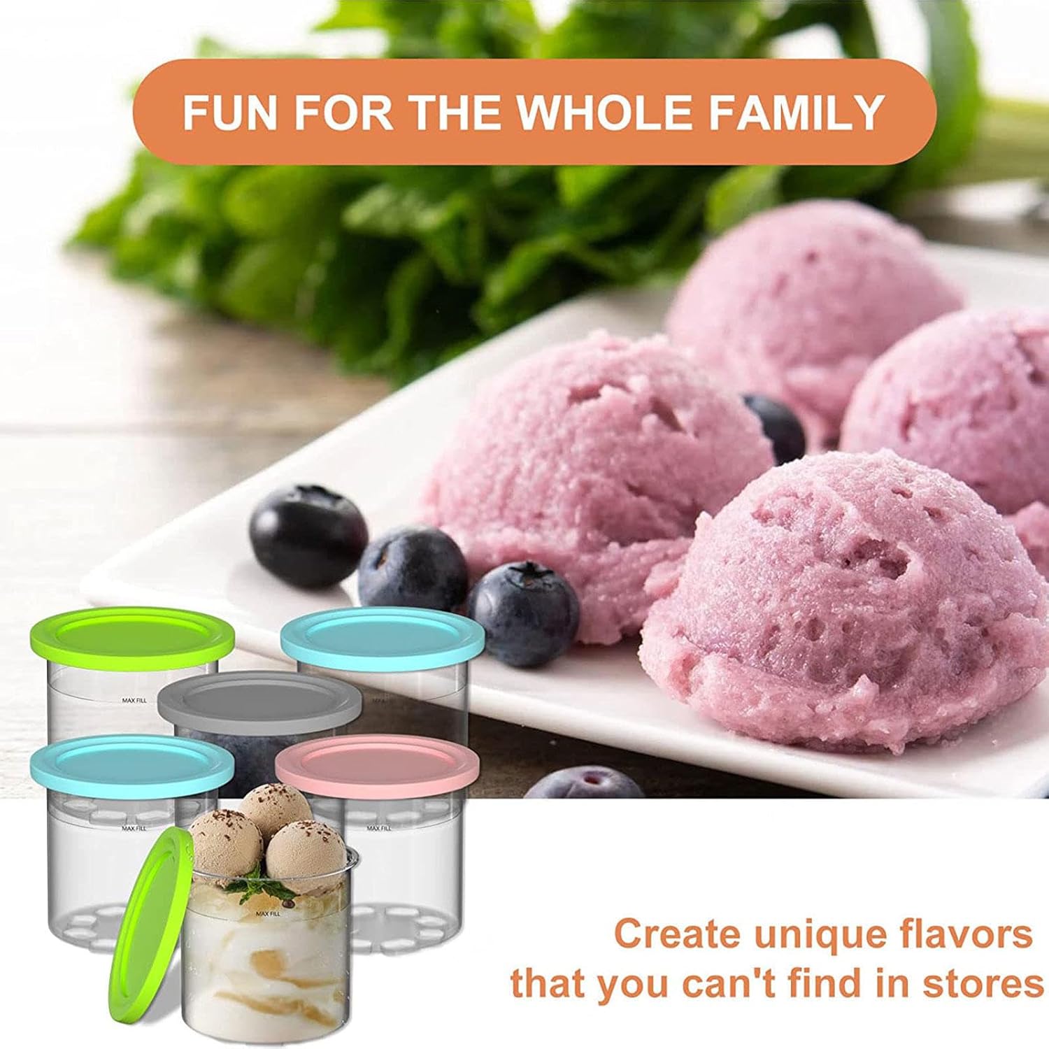 Pintas y tapas para creami, paquete de 4, para helado Creami Ninja, contenedor de helado de 16 onzas, seguro y a prueba de fugas, compatible con la