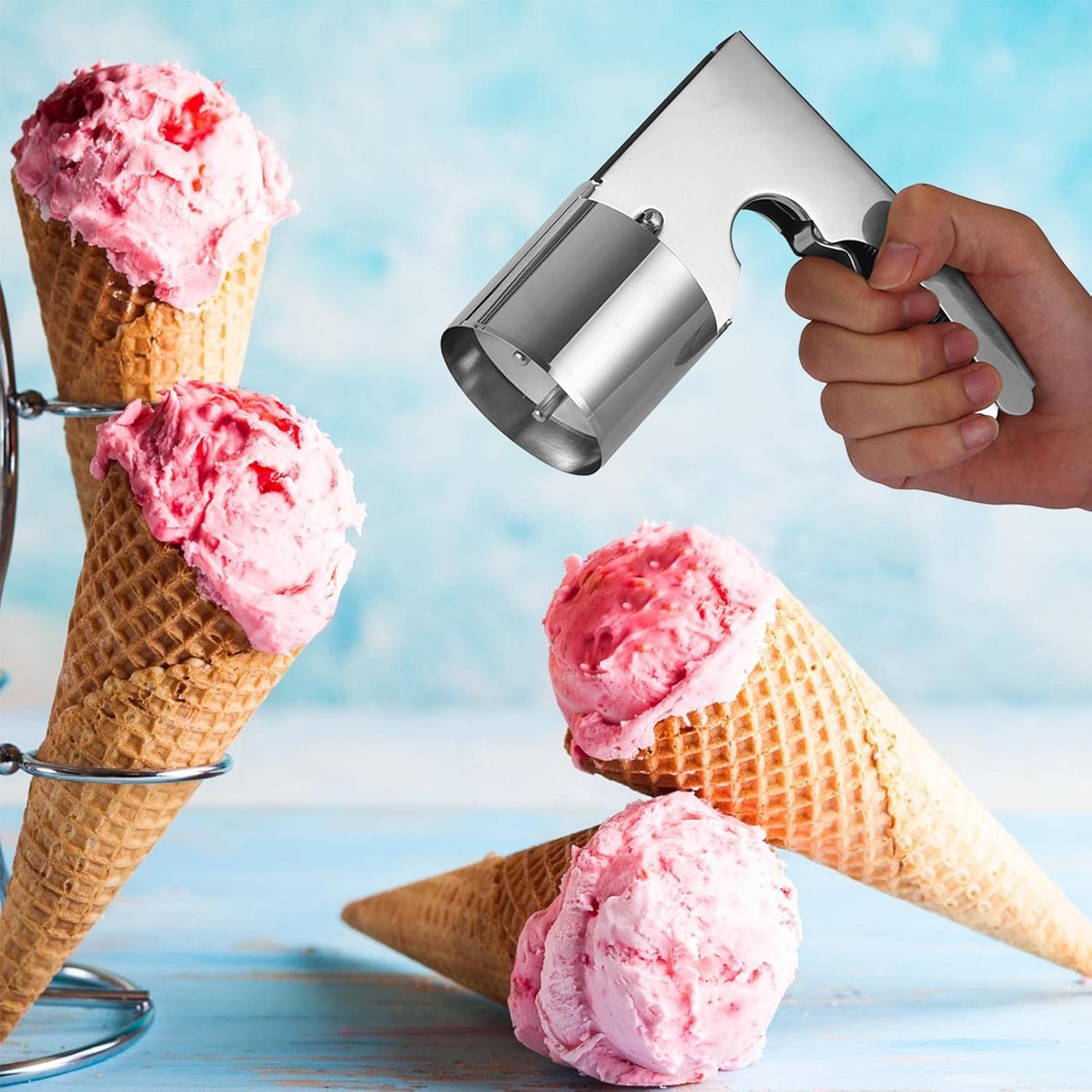 Cuchara de helado de acero inoxidable,Cuchara de helado de cilindro,Cuchara de helado de tiempo antiguo con gatillo accionado por resorte, cuchara
