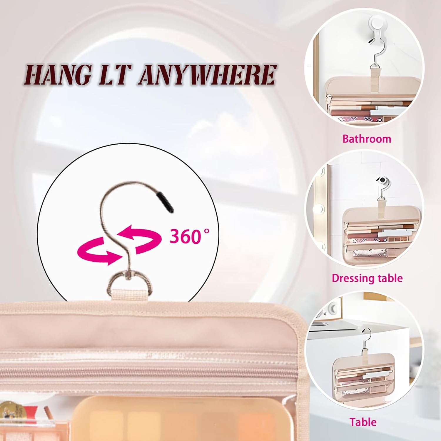 BAFAMYE Neceser de viaje para mujer, resistente al agua, bolsa de cosméticos para maquillaje, contenedor de tamaño completo con gancho para colgar