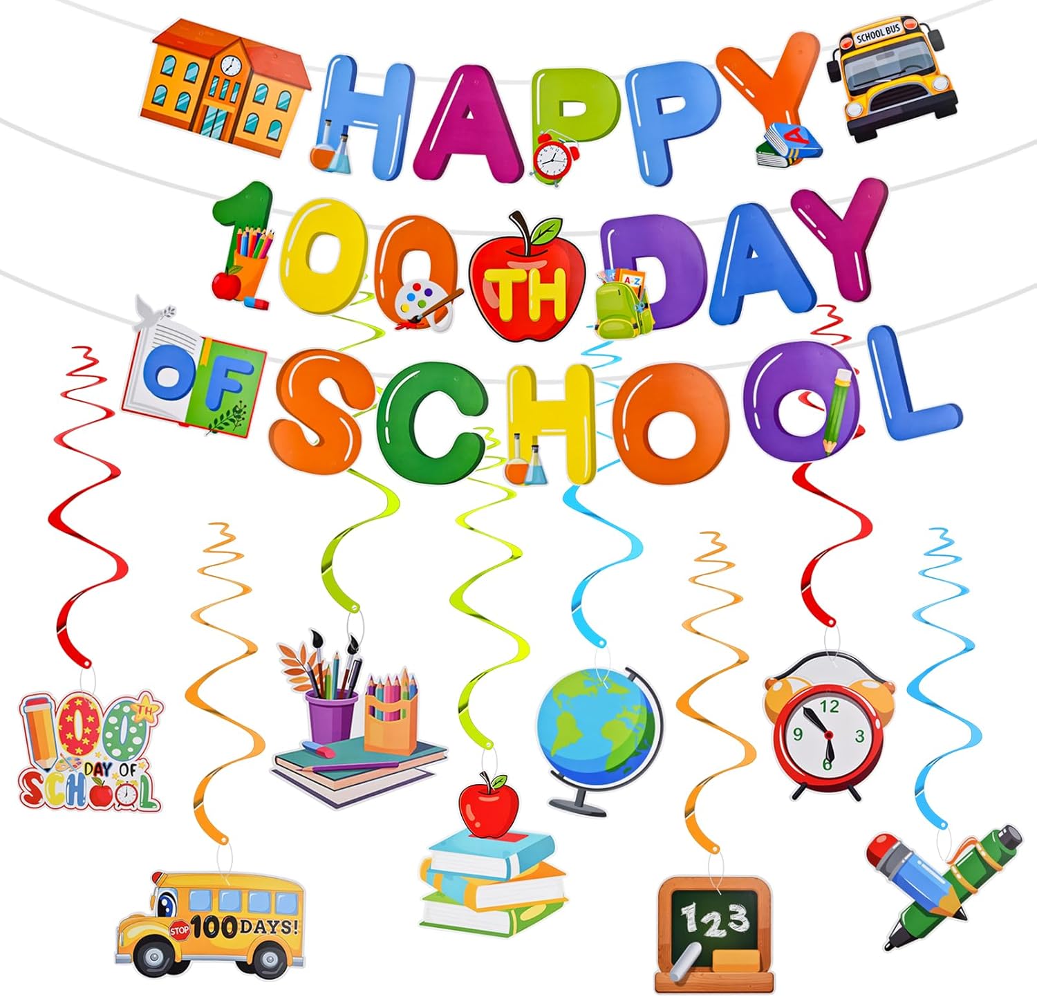 Abitoncc Decoración colorida para fiesta de 100 días de escuela, cartel de celebración de 100 días de escuela, espirales colgantes para aula,