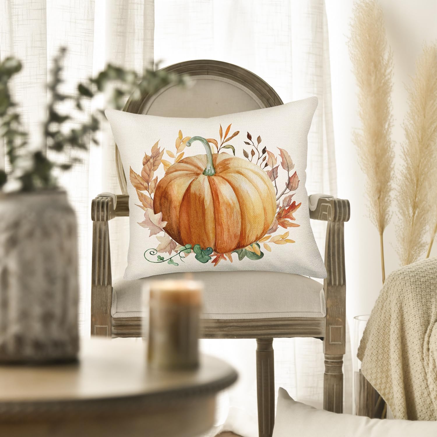 Smilyard Juego de 4 fundas de almohada de Hello Fall Hello Pumpkin de 22 x 22 pulgadas, diseño de búfalo naranja, decoración de otoño, hojas de