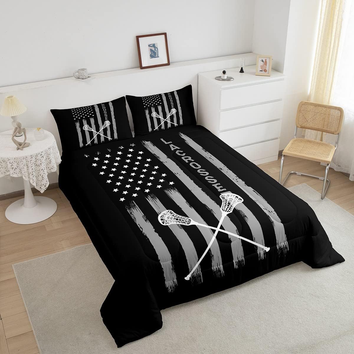 Lacrosse – Juego de edredón para niños y niñas, juego de ropa de cama de palo de lacrosse gris y blanco, relleno de edredón de rayas americanas,