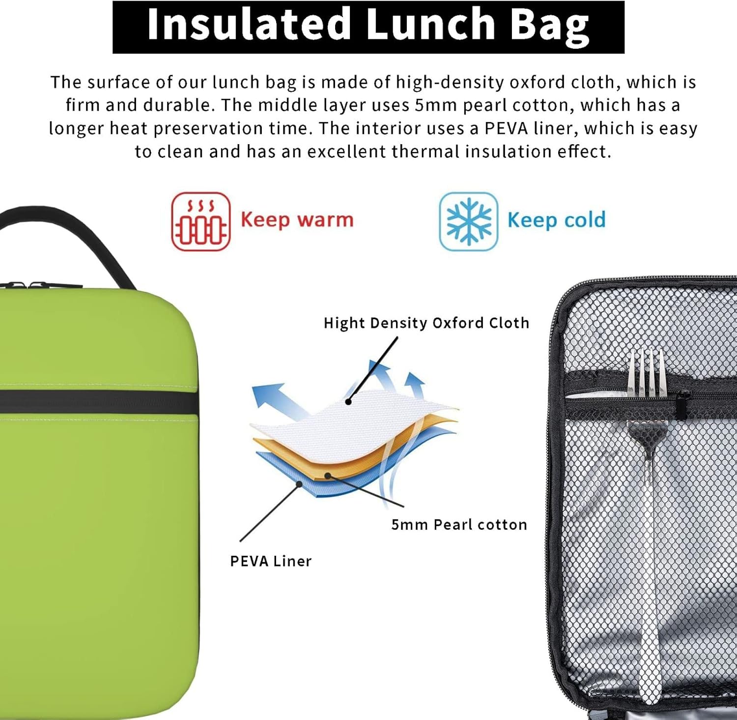 Lonchera verde para niños, niñas, niños, mujeres, adultos, lavable, con aislamiento térmico, bolsa de picnic para oficina, trabajo, clase, estética,
