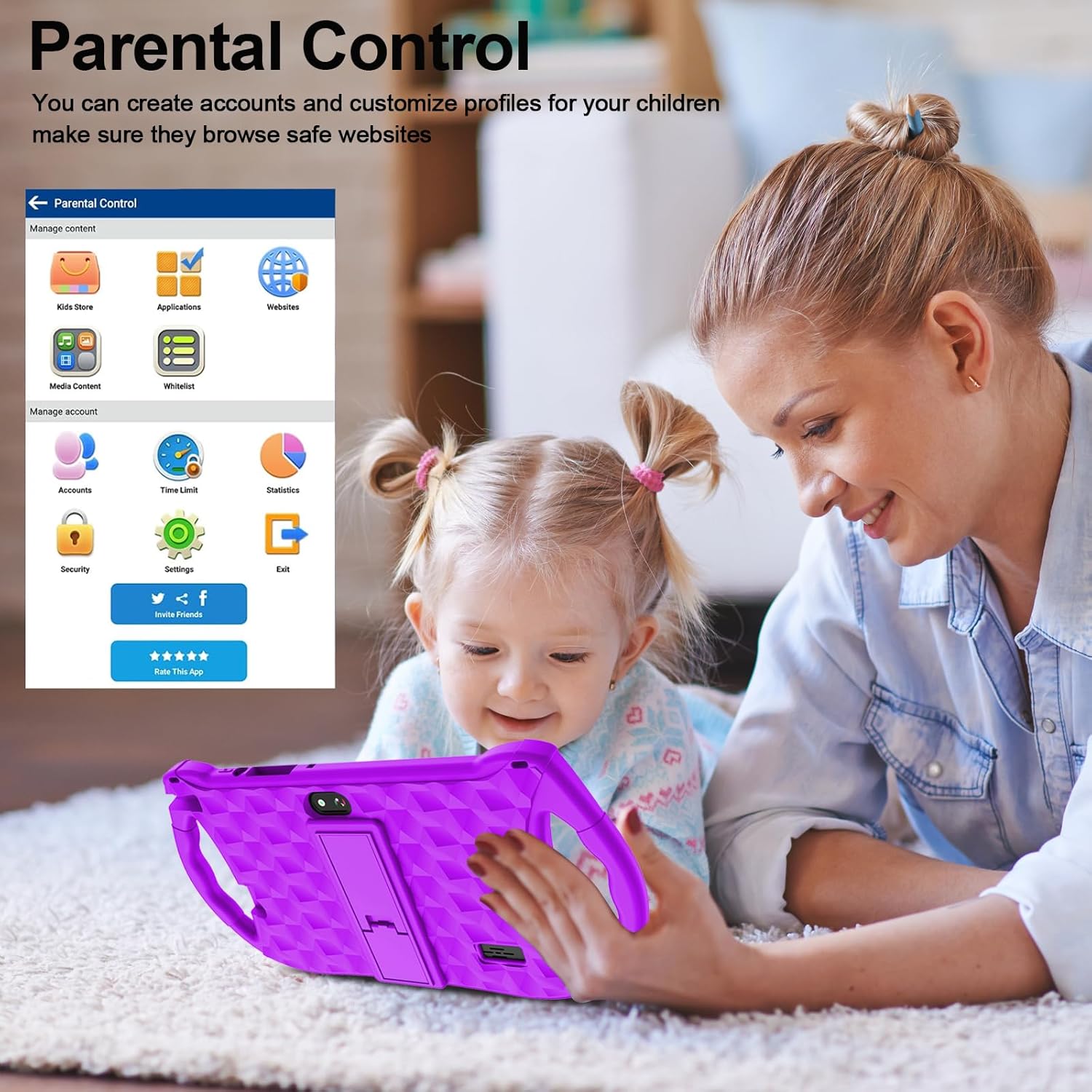 RliyOliy Tableta para niños, tableta Android 12 de 7 pulgadas para niños, 3 GB de RAM, 32 GB de ROM con Bluetooth, WiFi, GMS, control parental,
