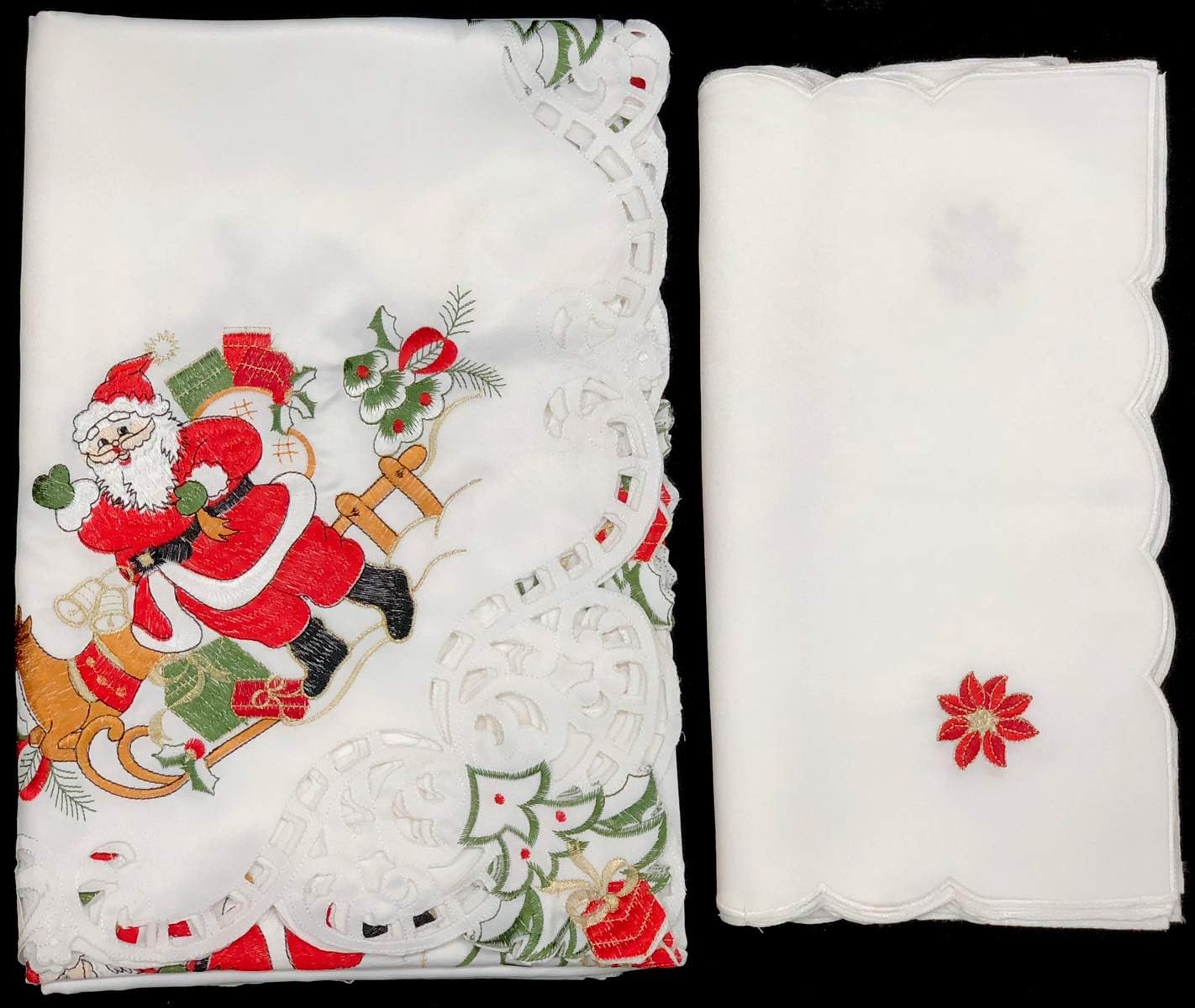 Mantel navideño de 70 x 90 pulgadas con 8 servilletas bordadas de Papá Noel, renos rojos, flor de pascua, mantel de invierno, rectangular, color