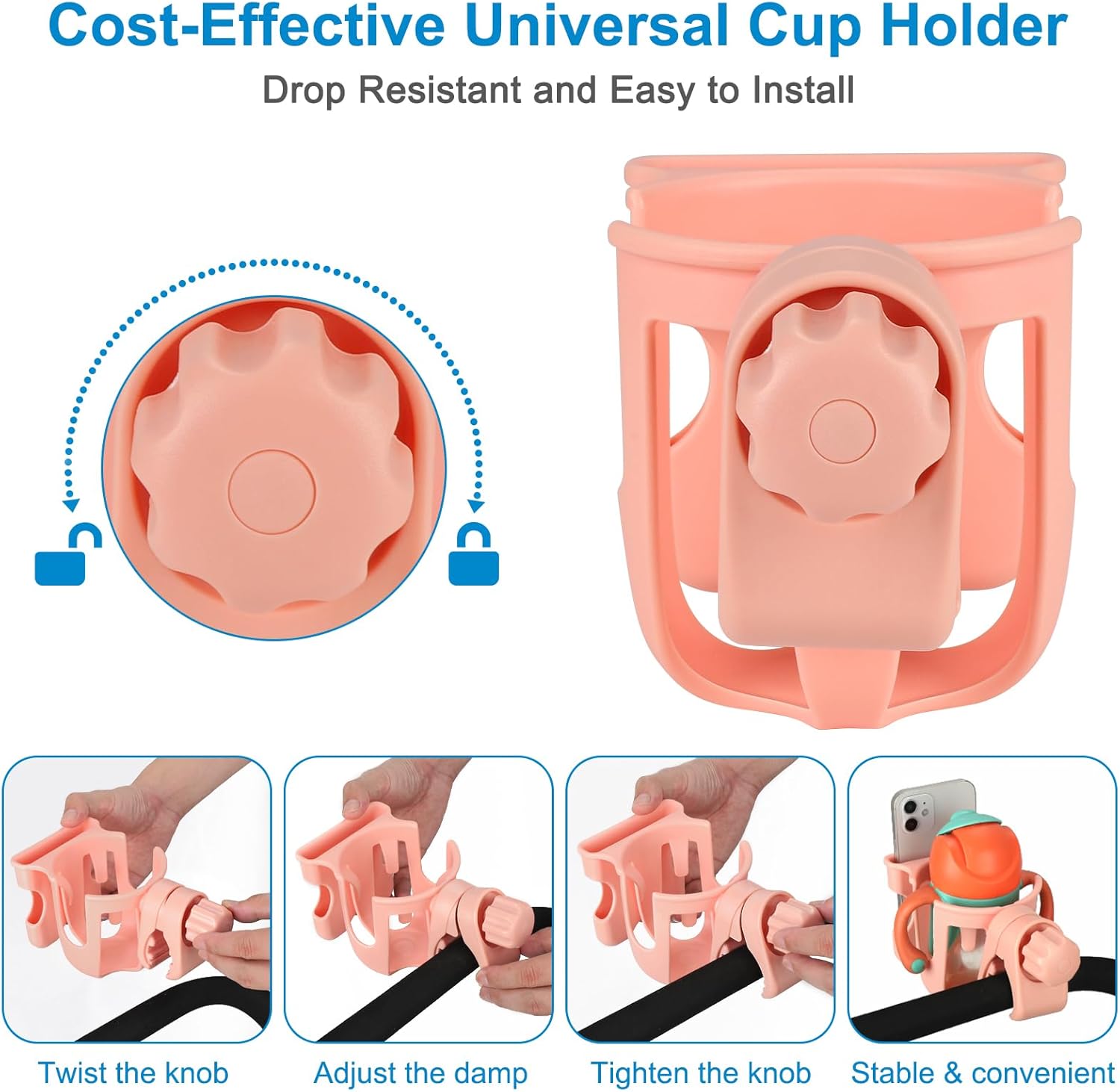 Accmor Portavasos 2 en 1 para cochecito con soporte para teléfono, portavasos para bicicleta, soporte universal para teléfono para cochecito,