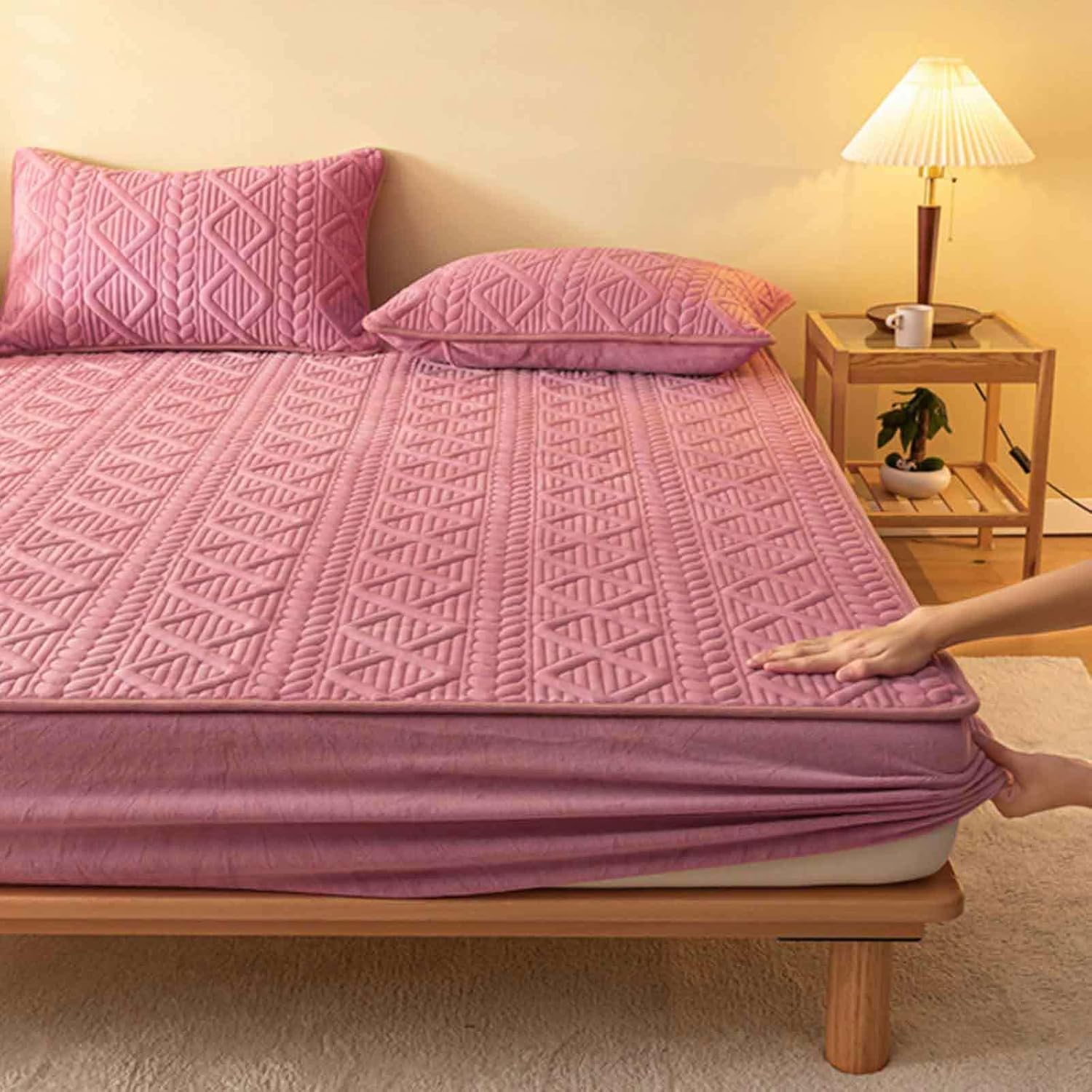 LOriax Juego de sábanas bajeras de terciopelo lechero de invierno coral de forro polar grueso, juego de tres piezas, rosa A-70.8 x 78.7 pulgadas