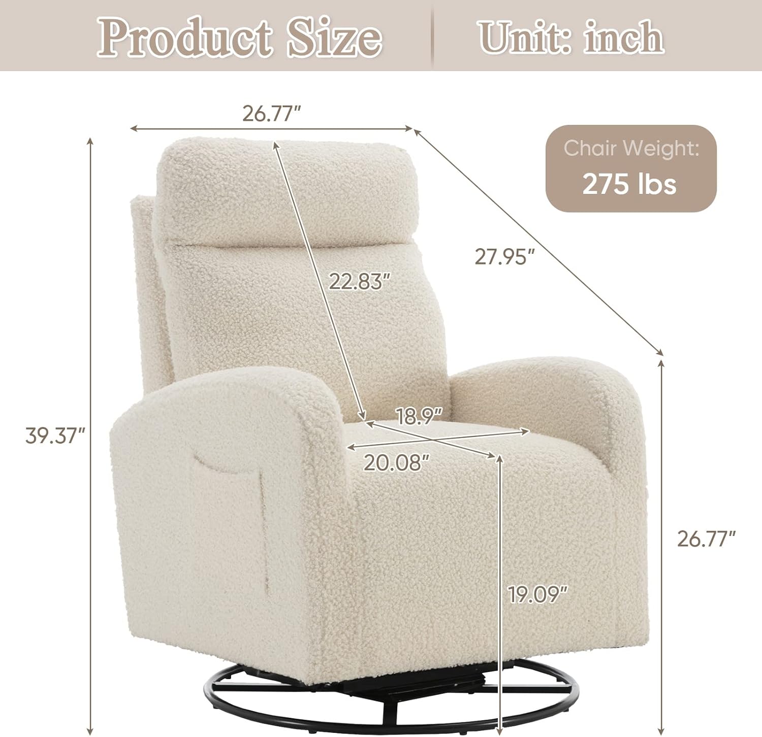 Antetek Silla giratoria deslizante, silla giratoria de 360 grados con respaldo alto, silla moderna de tela de peluche para guardería, sala de estar,